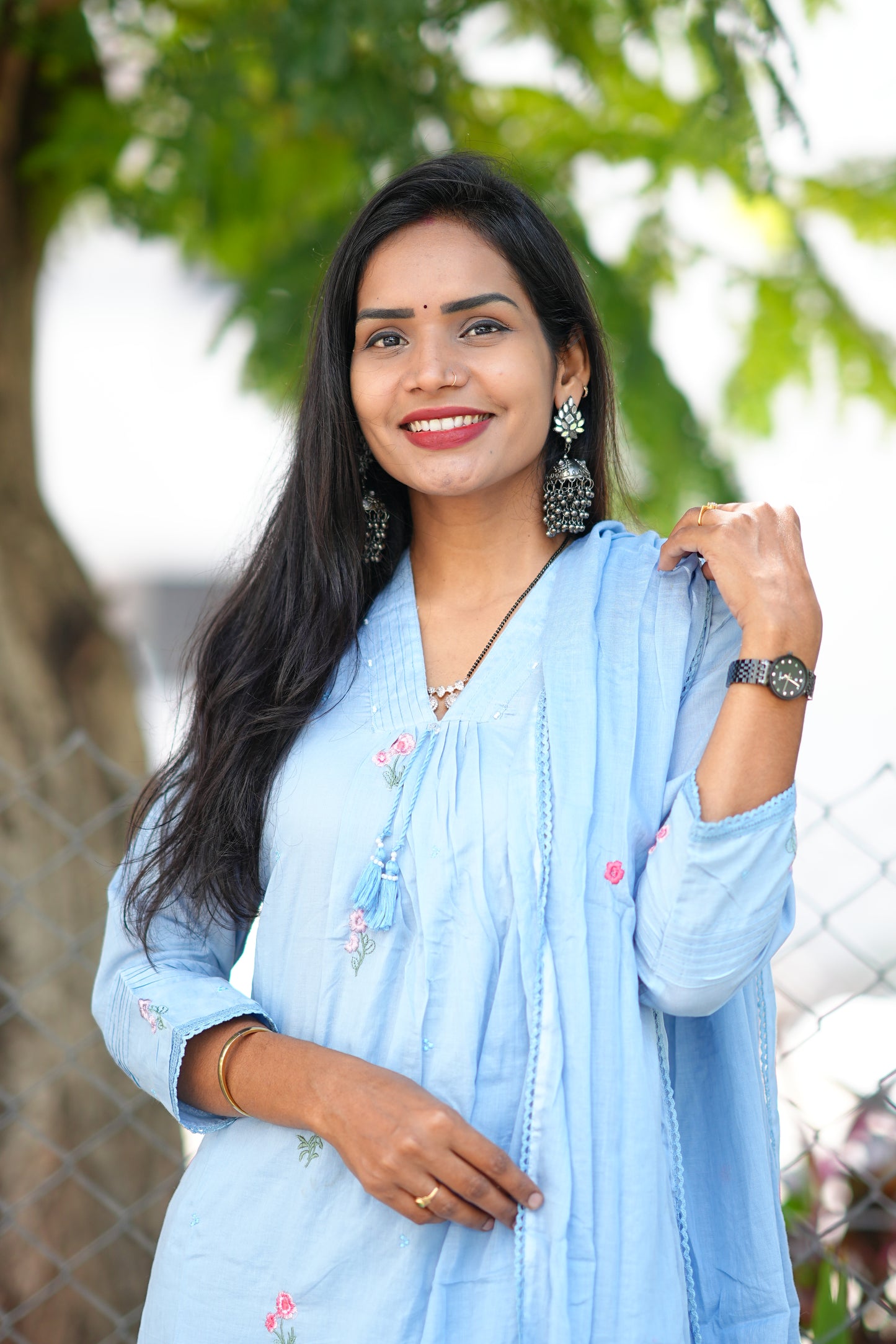 Sky Blue Color Pure Mull Cotton 3 piece set With Complete Lining