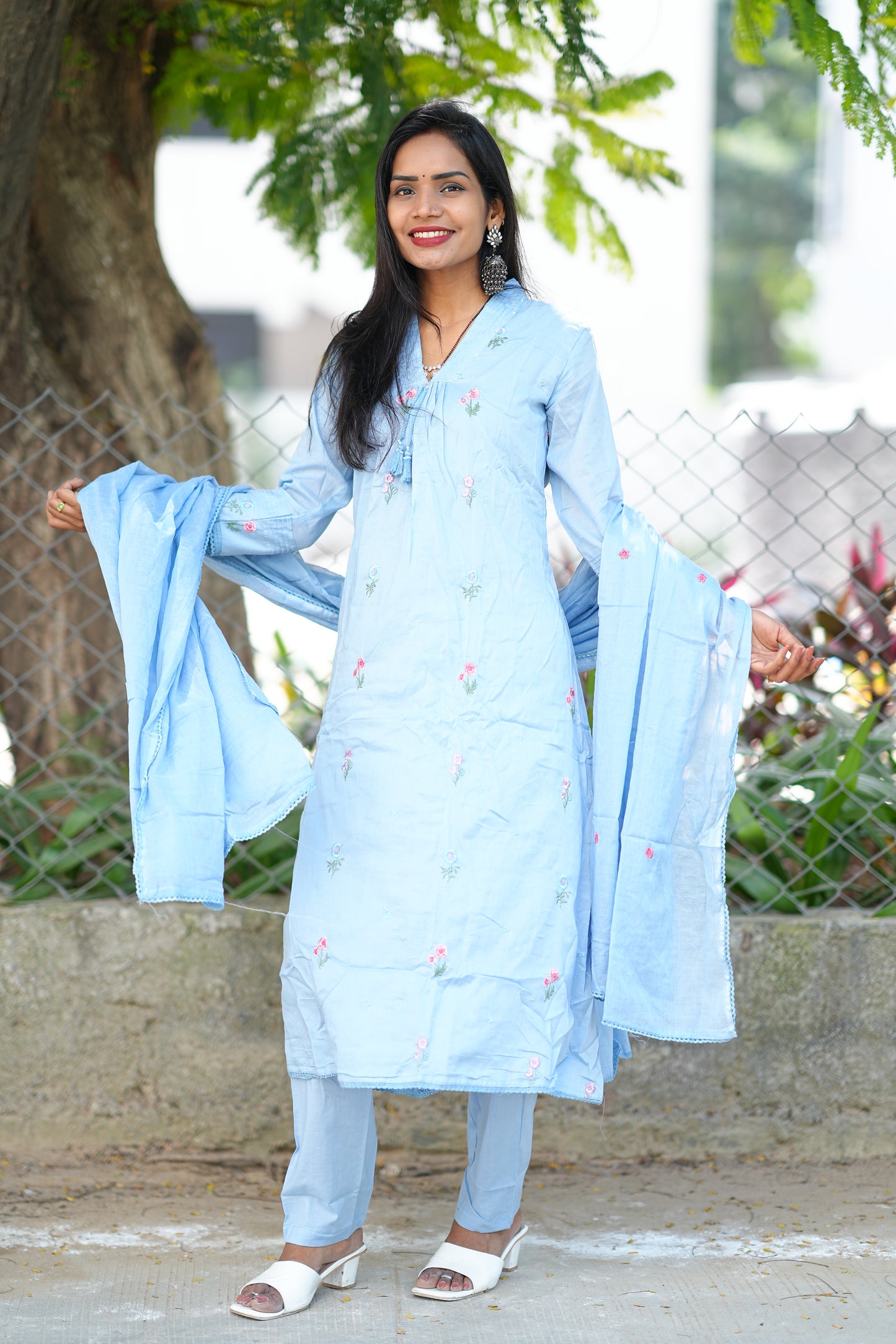 Sky Blue Color Pure Mull Cotton 3 piece set With Complete Lining