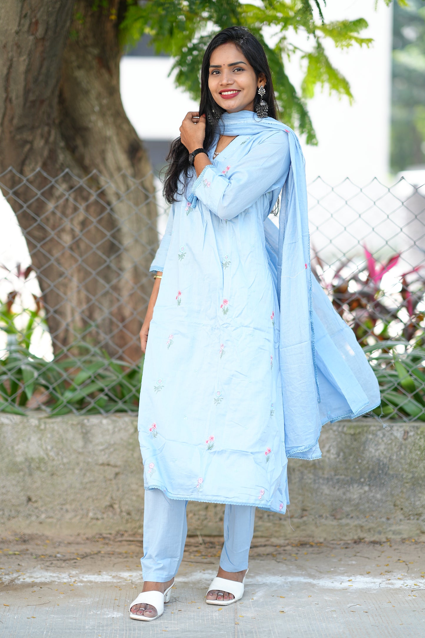 Sky Blue Color Pure Mull Cotton 3 piece set With Complete Lining