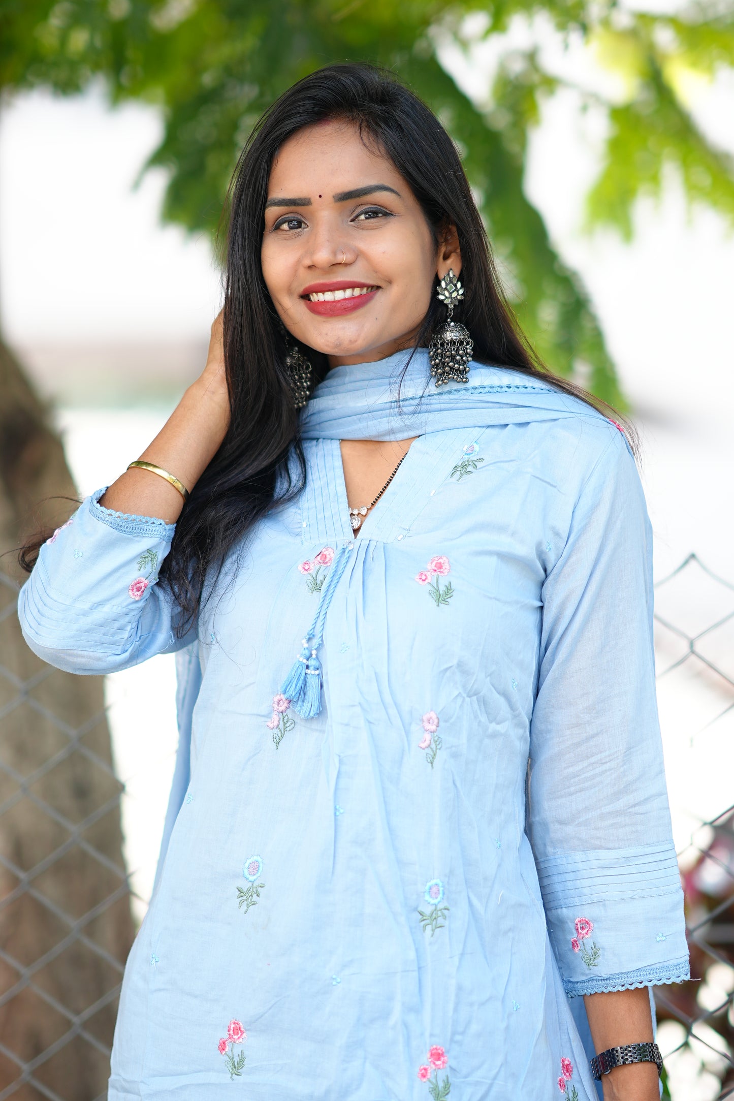 Sky Blue Color Pure Mull Cotton 3 piece set With Complete Lining