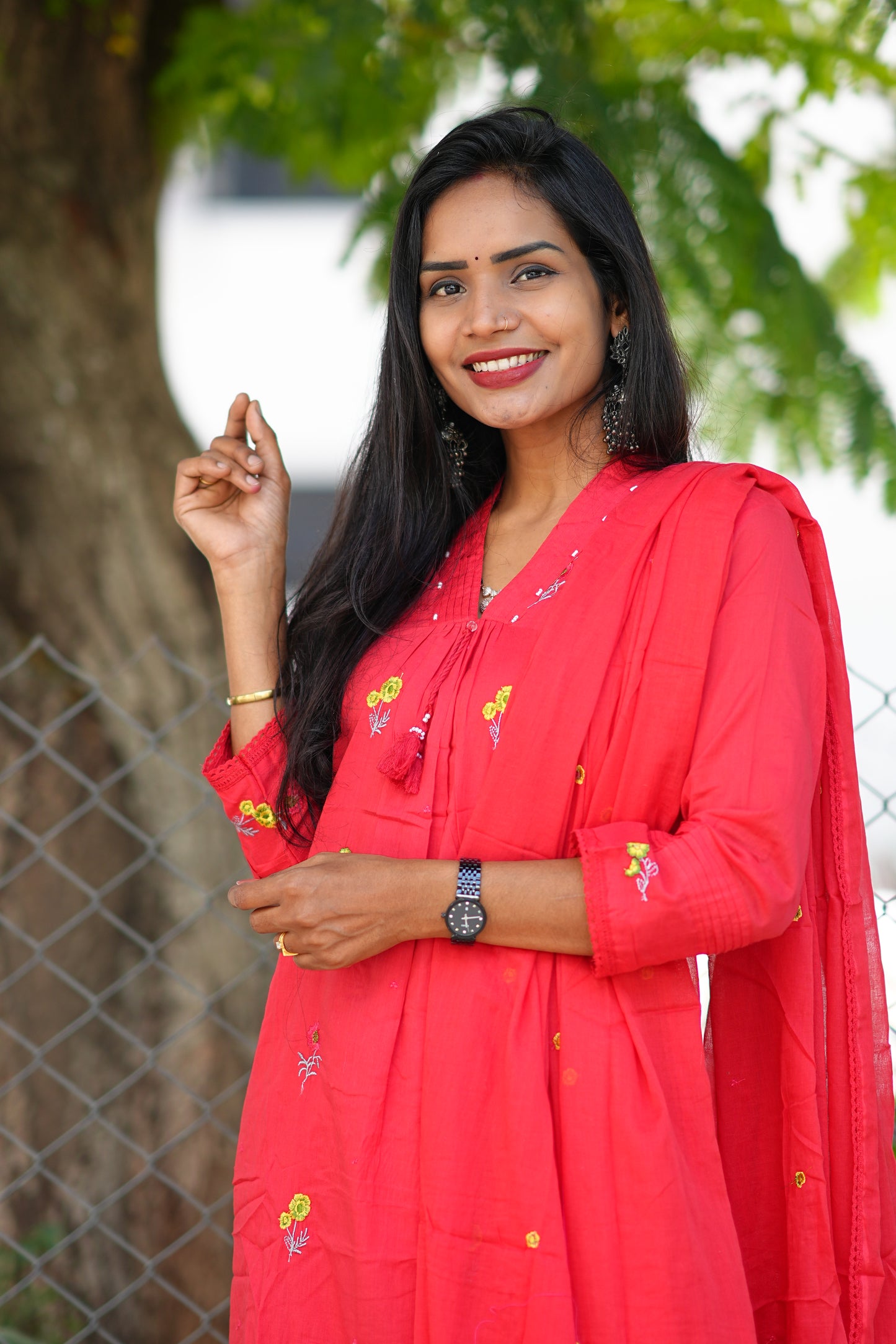 Beautiful Red Mul Cotton 3 Piece Set With Complete Lining