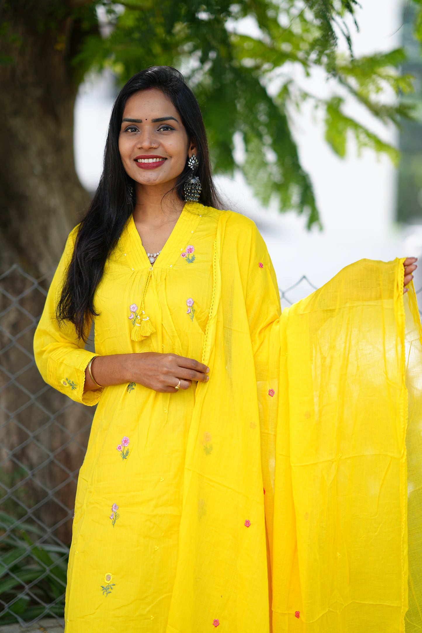 Beautiful Yellow Color Mul Cotton 3 Piece Set With Complete Lining