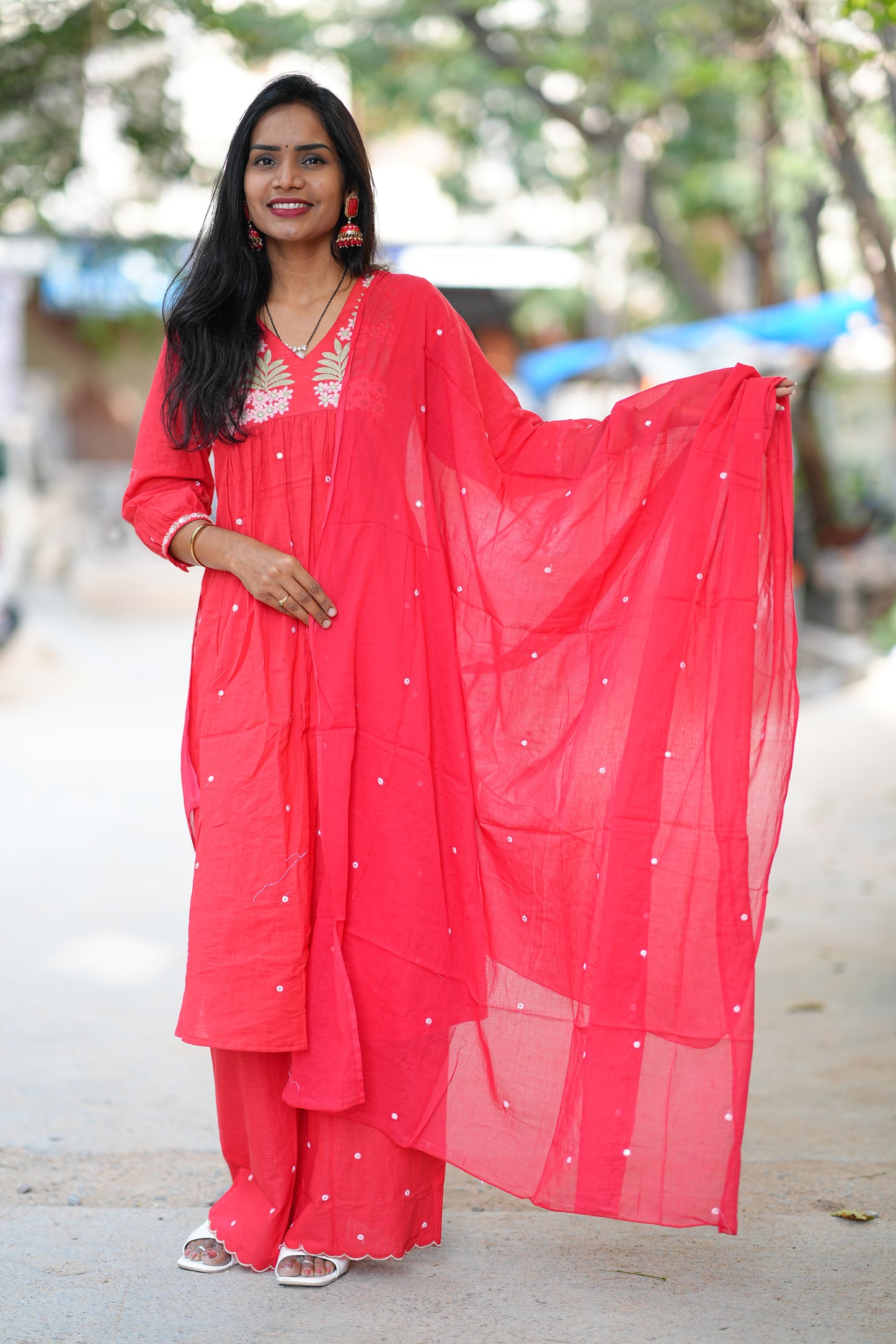 Red Color Slub Cotton 3 Piece Set With Embroidery Work and Complete Lining