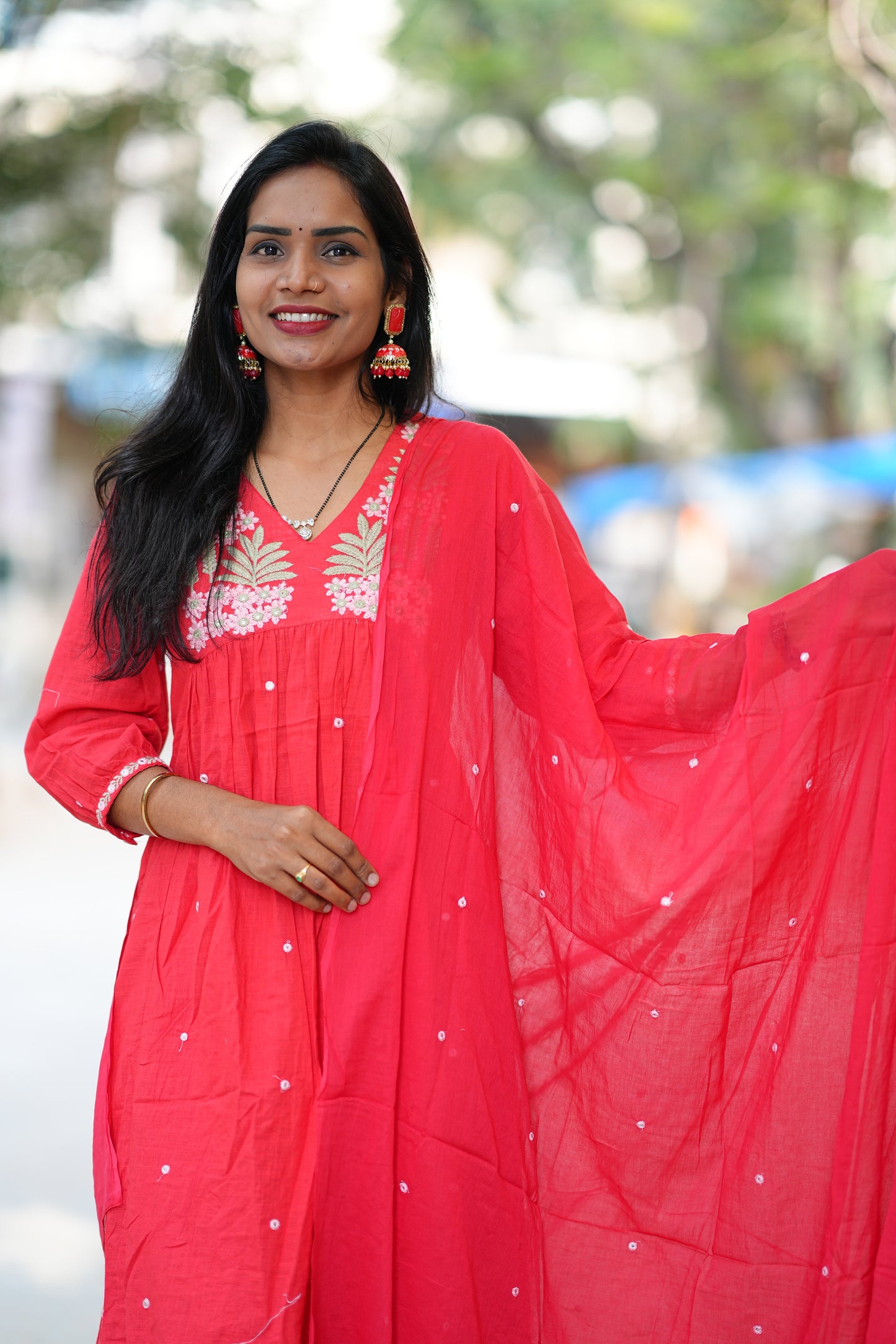 Red Color Slub Cotton 3 Piece Set With Embroidery Work and Complete Lining