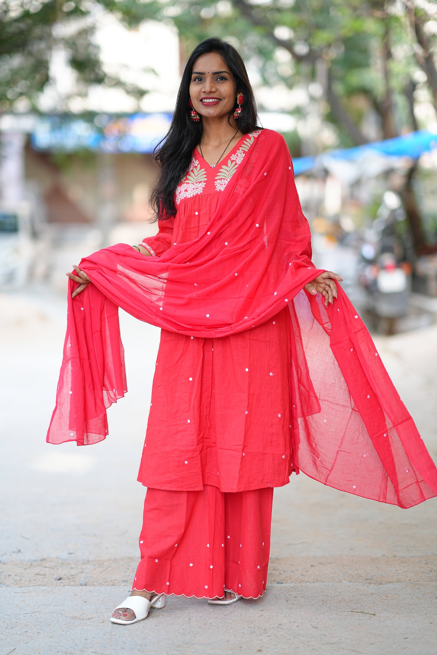 Red Color Slub Cotton 3 Piece Set With Embroidery Work and Complete Lining