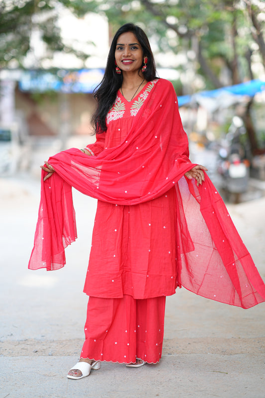 Red Color Slub Cotton 3 Piece Set With Embroidery Work and Complete Lining