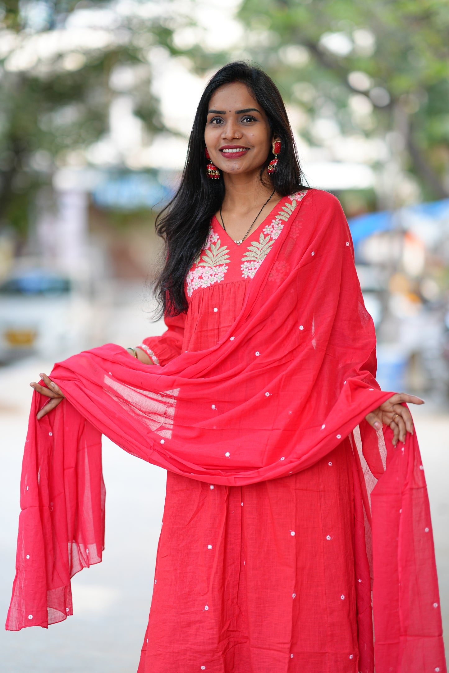 Red Color Slub Cotton 3 Piece Set With Embroidery Work and Complete Lining