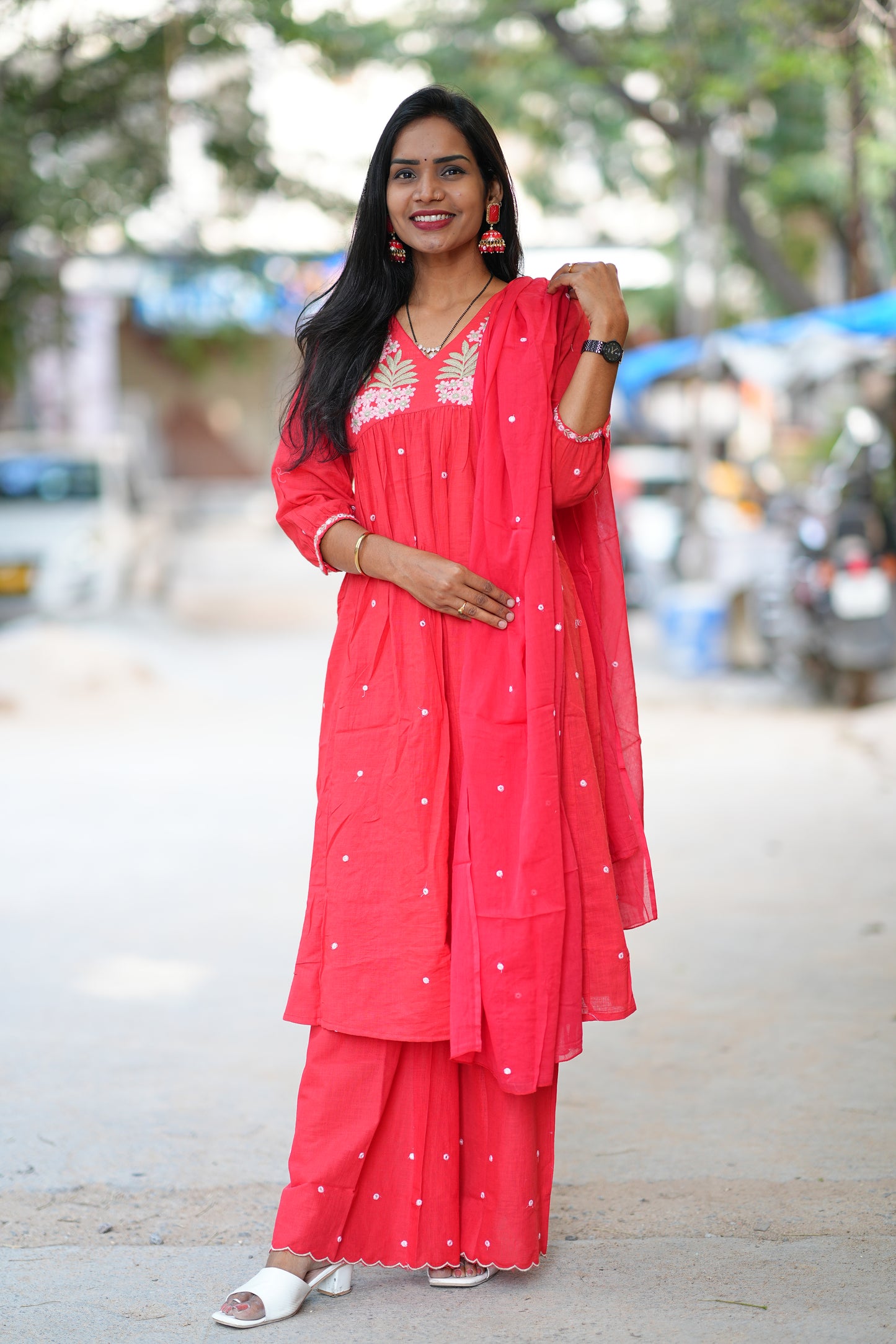 Red Color Slub Cotton 3 Piece Set With Embroidery Work and Complete Lining