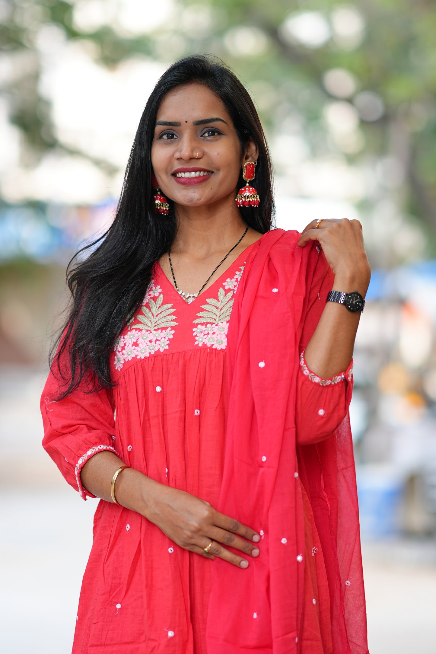 Red Color Slub Cotton 3 Piece Set With Embroidery Work and Complete Lining
