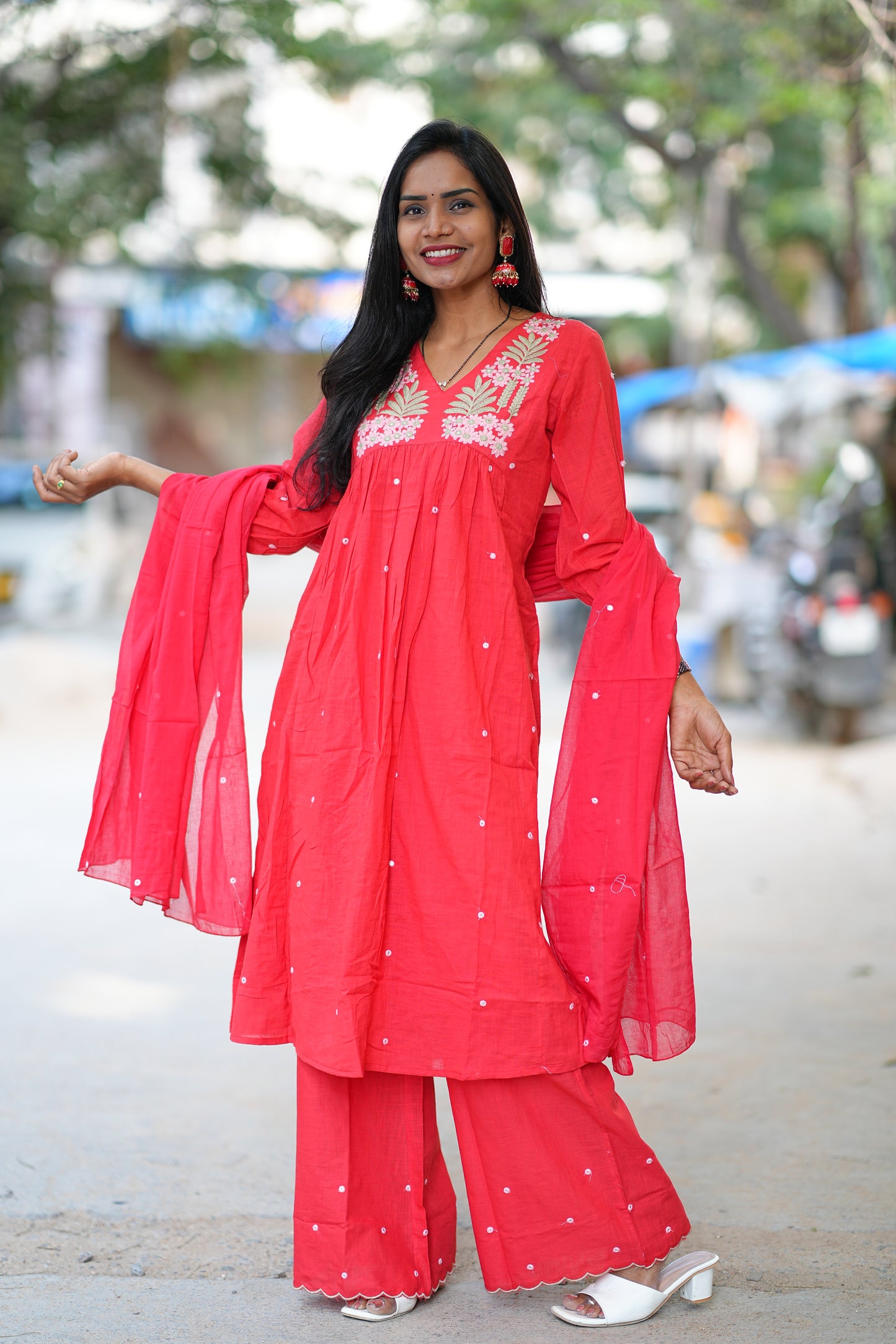 Red Color Slub Cotton 3 Piece Set With Embroidery Work and Complete Lining