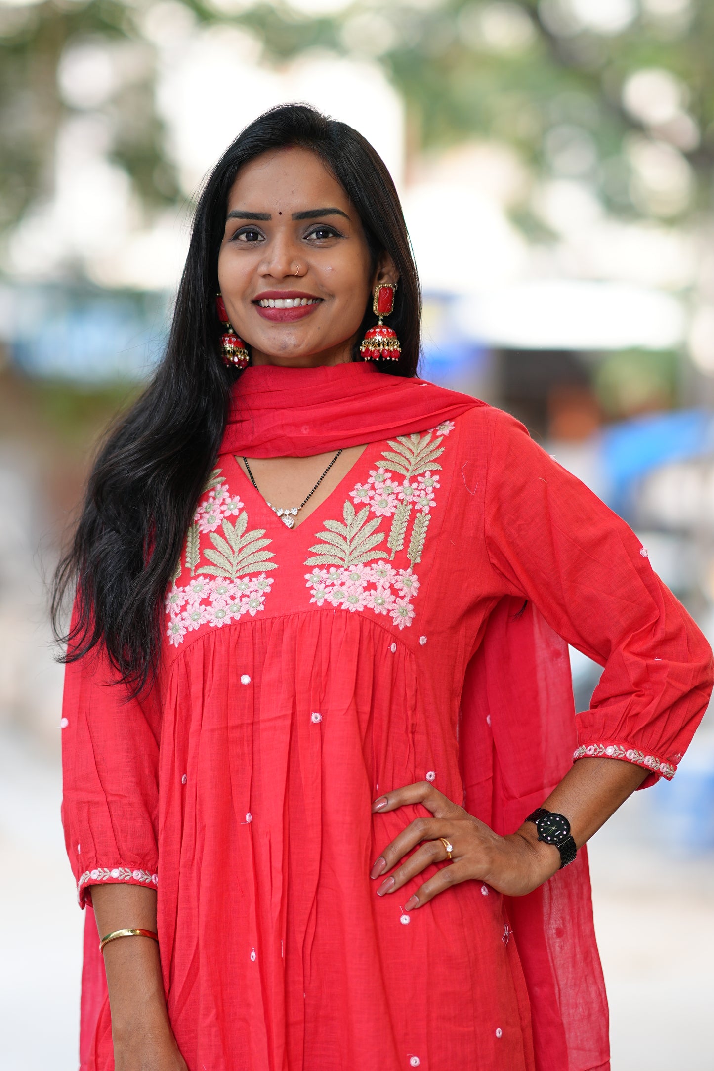 Red Color Slub Cotton 3 Piece Set With Embroidery Work and Complete Lining