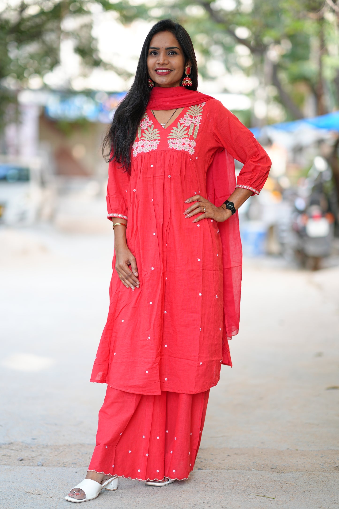 Red Color Slub Cotton 3 Piece Set With Embroidery Work and Complete Lining