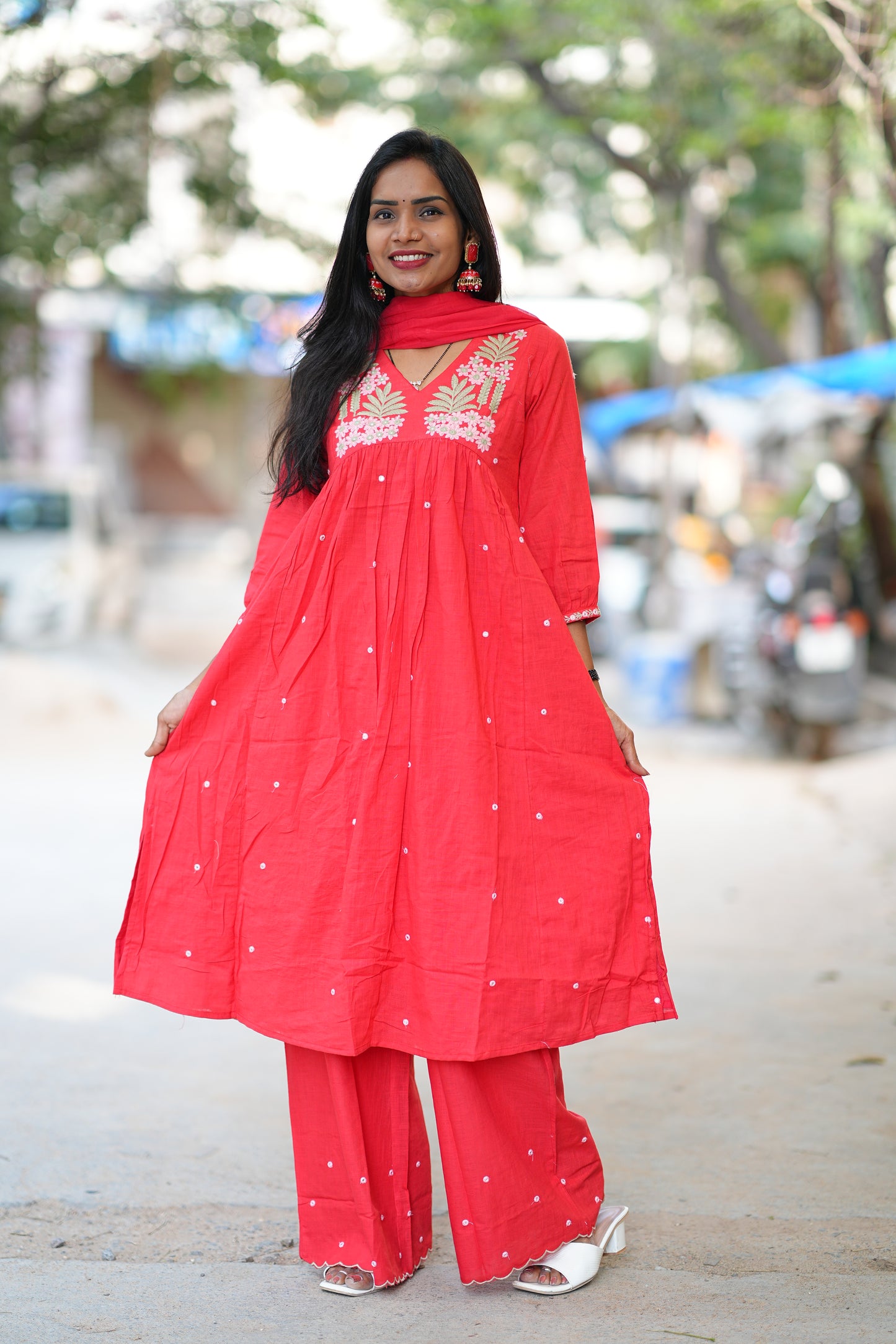 Red Color Slub Cotton 3 Piece Set With Embroidery Work and Complete Lining