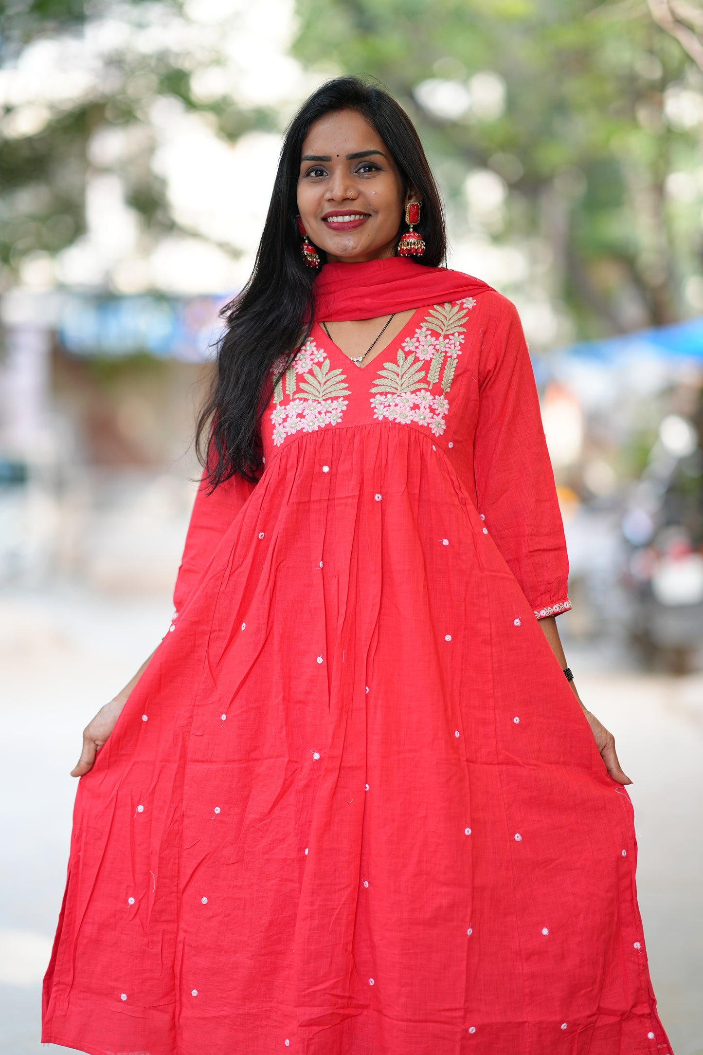 Red Color Slub Cotton 3 Piece Set With Embroidery Work and Complete Lining