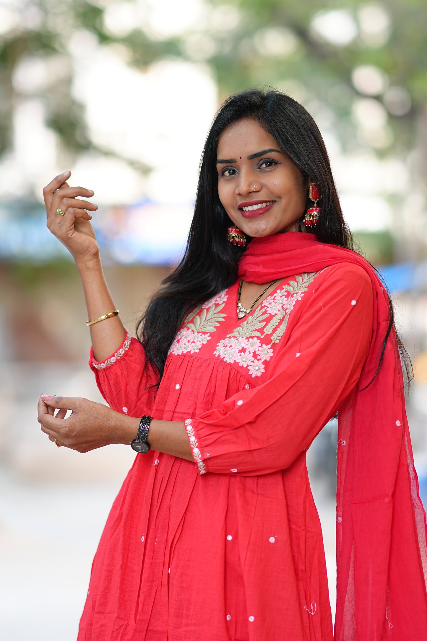 Red Color Slub Cotton 3 Piece Set With Embroidery Work and Complete Lining