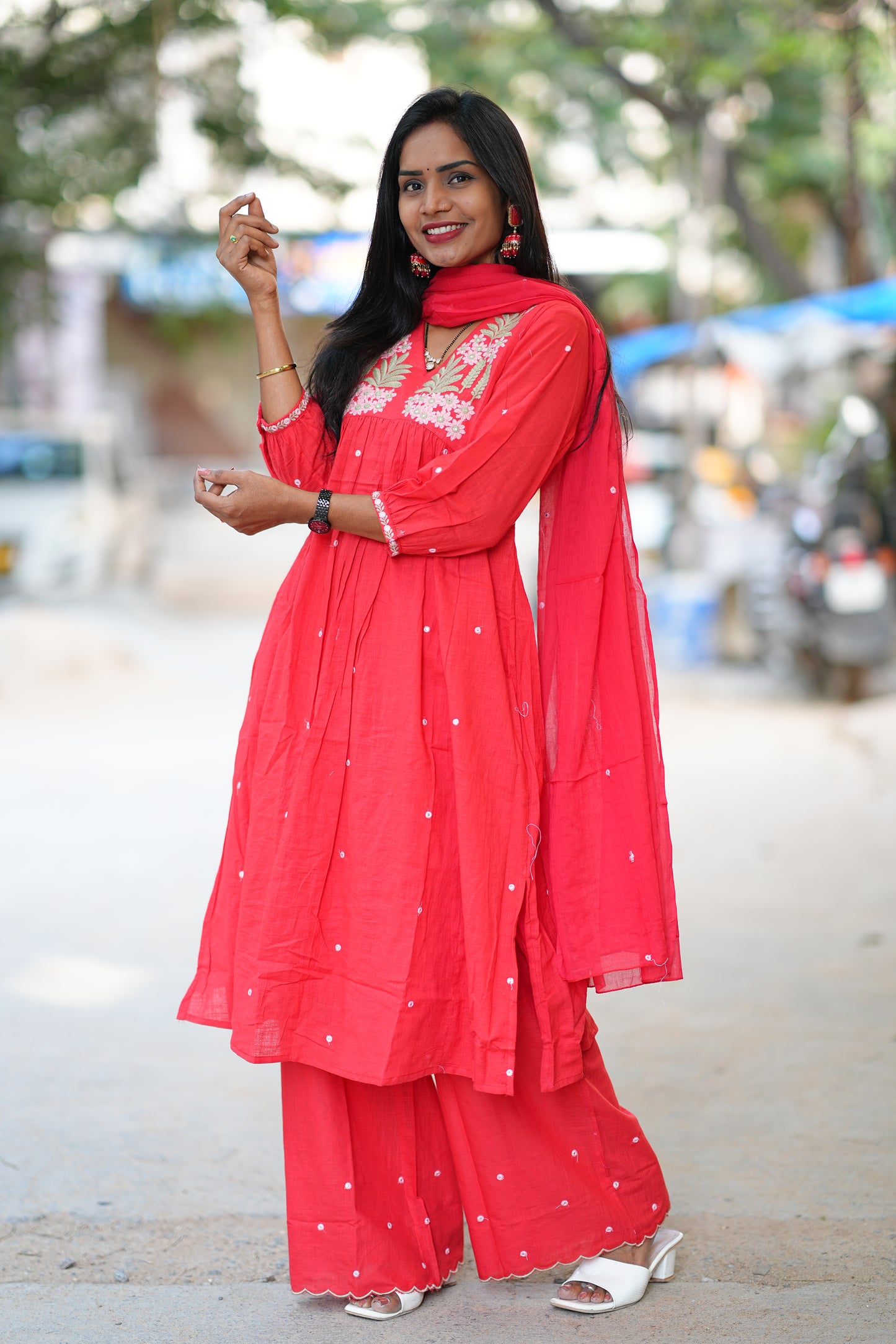 Red Color Slub Cotton 3 Piece Set With Embroidery Work and Complete Lining