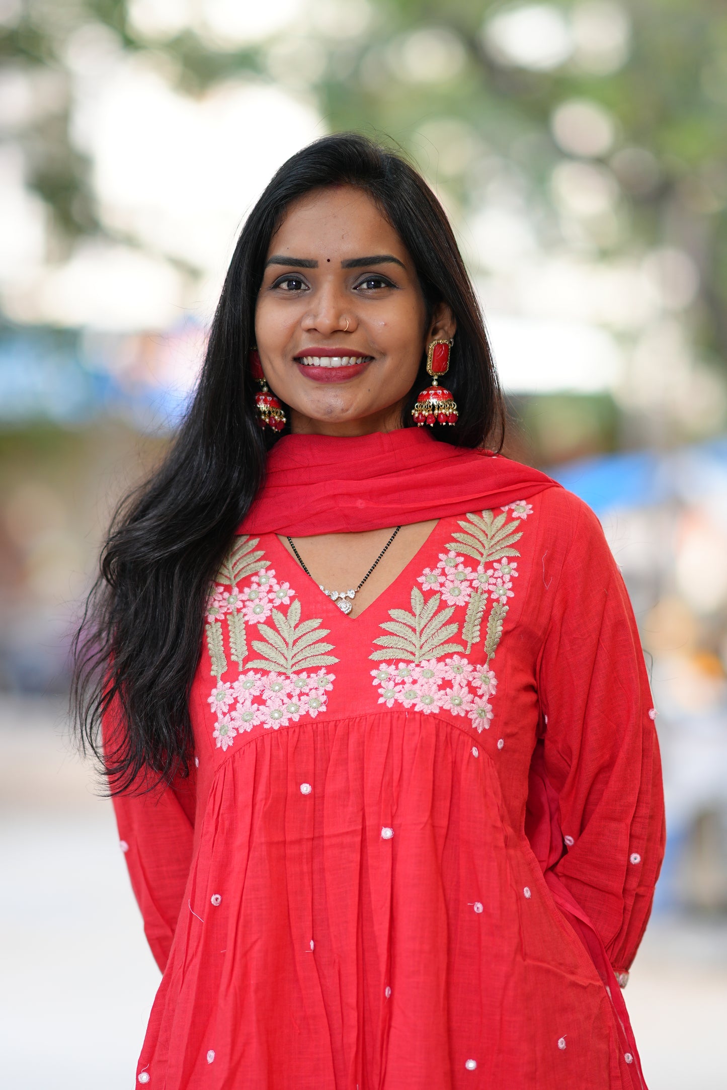 Red Color Slub Cotton 3 Piece Set With Embroidery Work and Complete Lining