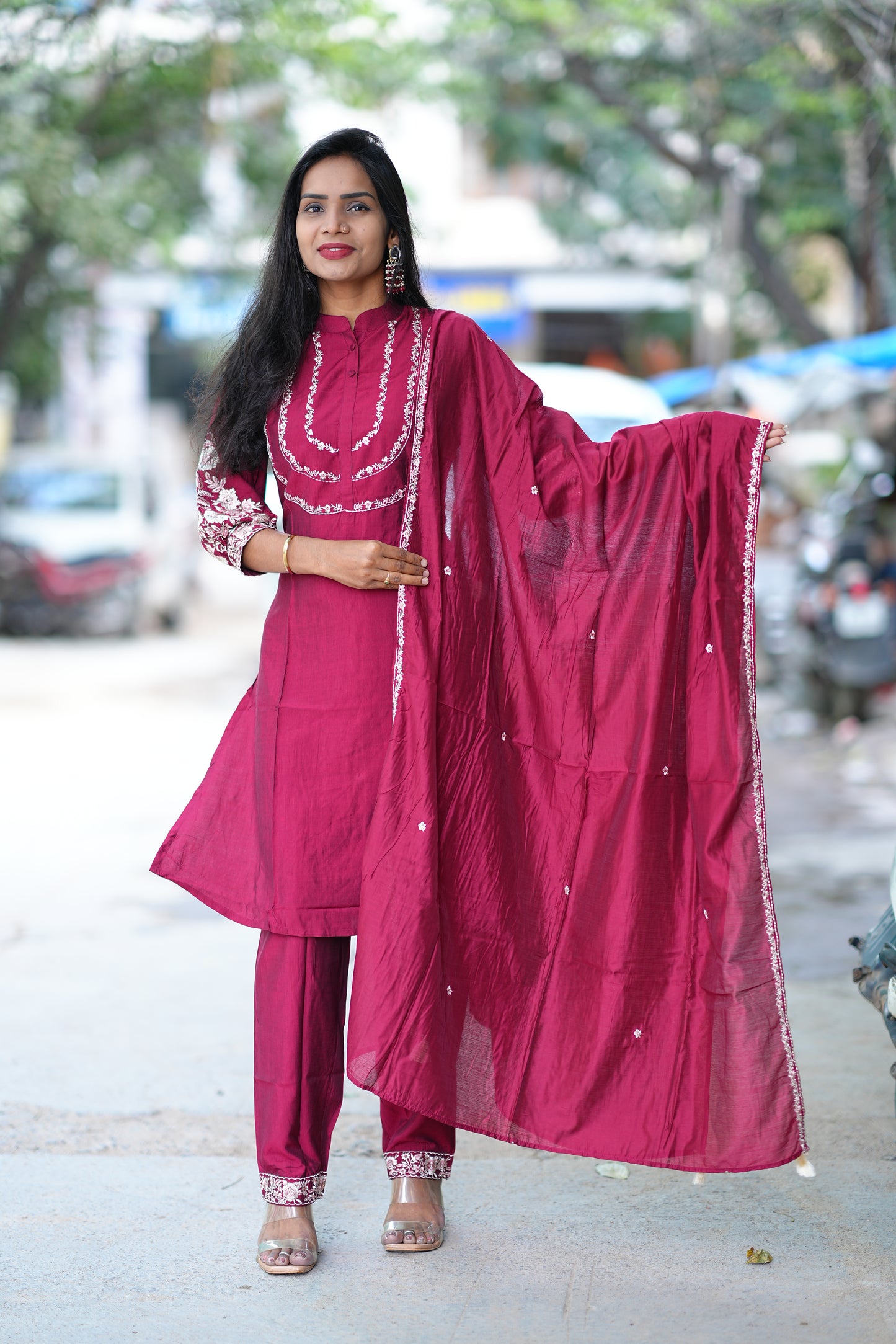Maroon Color Designer Wear Viscose Fabric 3 Piece Set