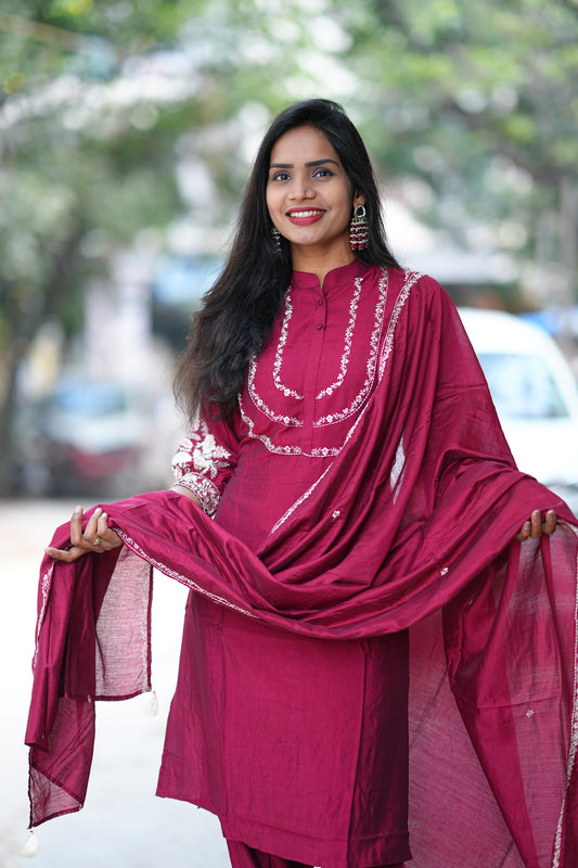 Maroon Color Designer Wear Viscose Fabric 3 Piece Set