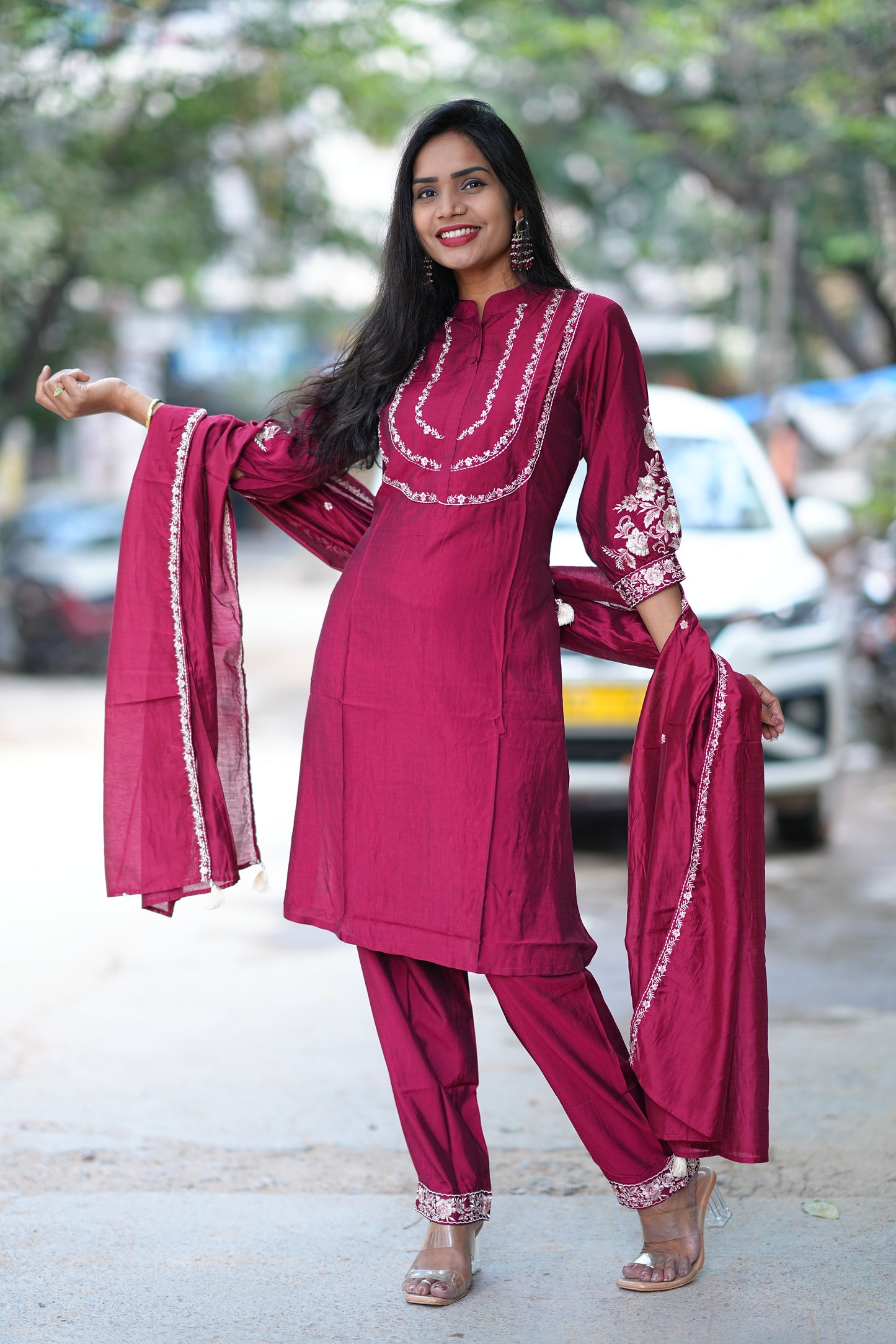 Maroon Color Designer Wear Viscose Fabric 3 Piece Set