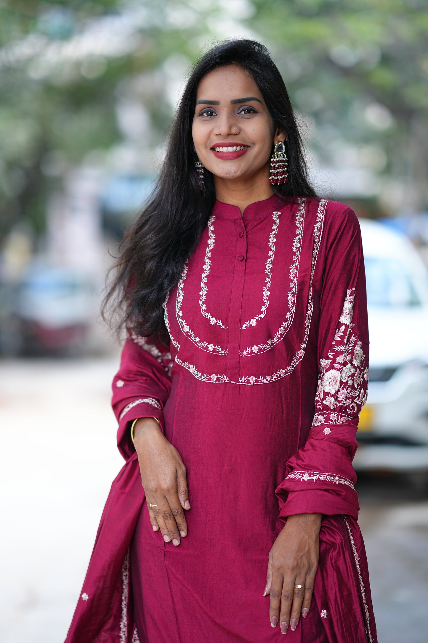 Maroon Color Designer Wear Viscose Fabric 3 Piece Set