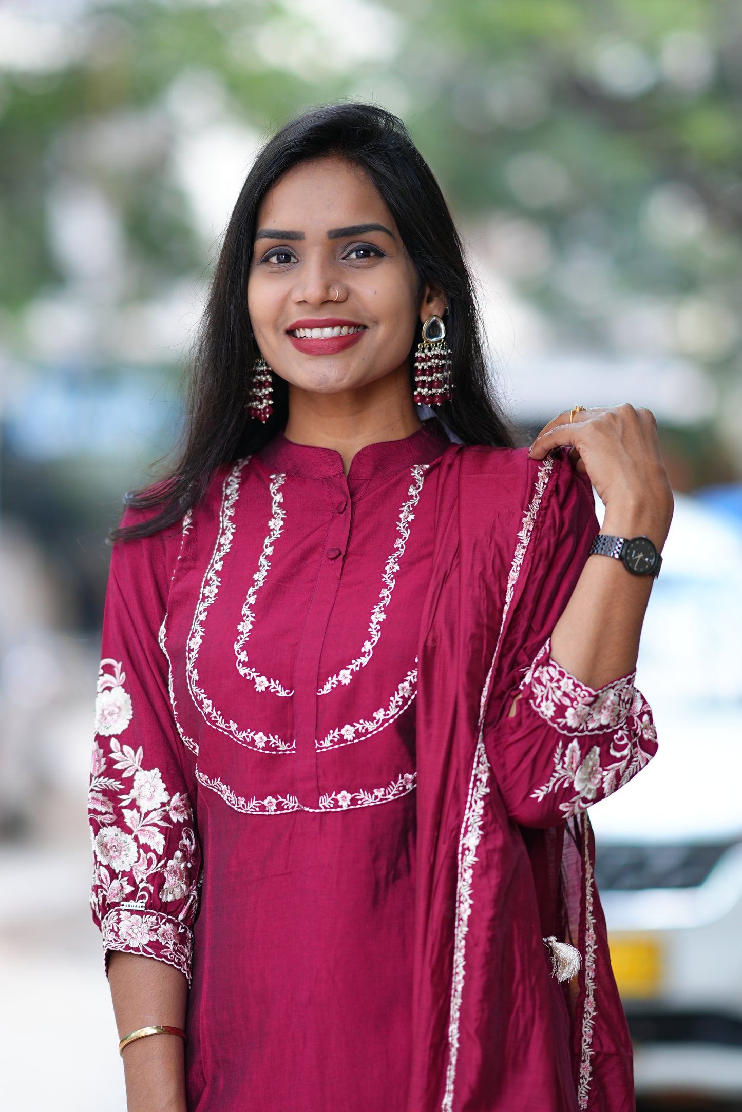 Maroon Color Designer Wear Viscose Fabric 3 Piece Set