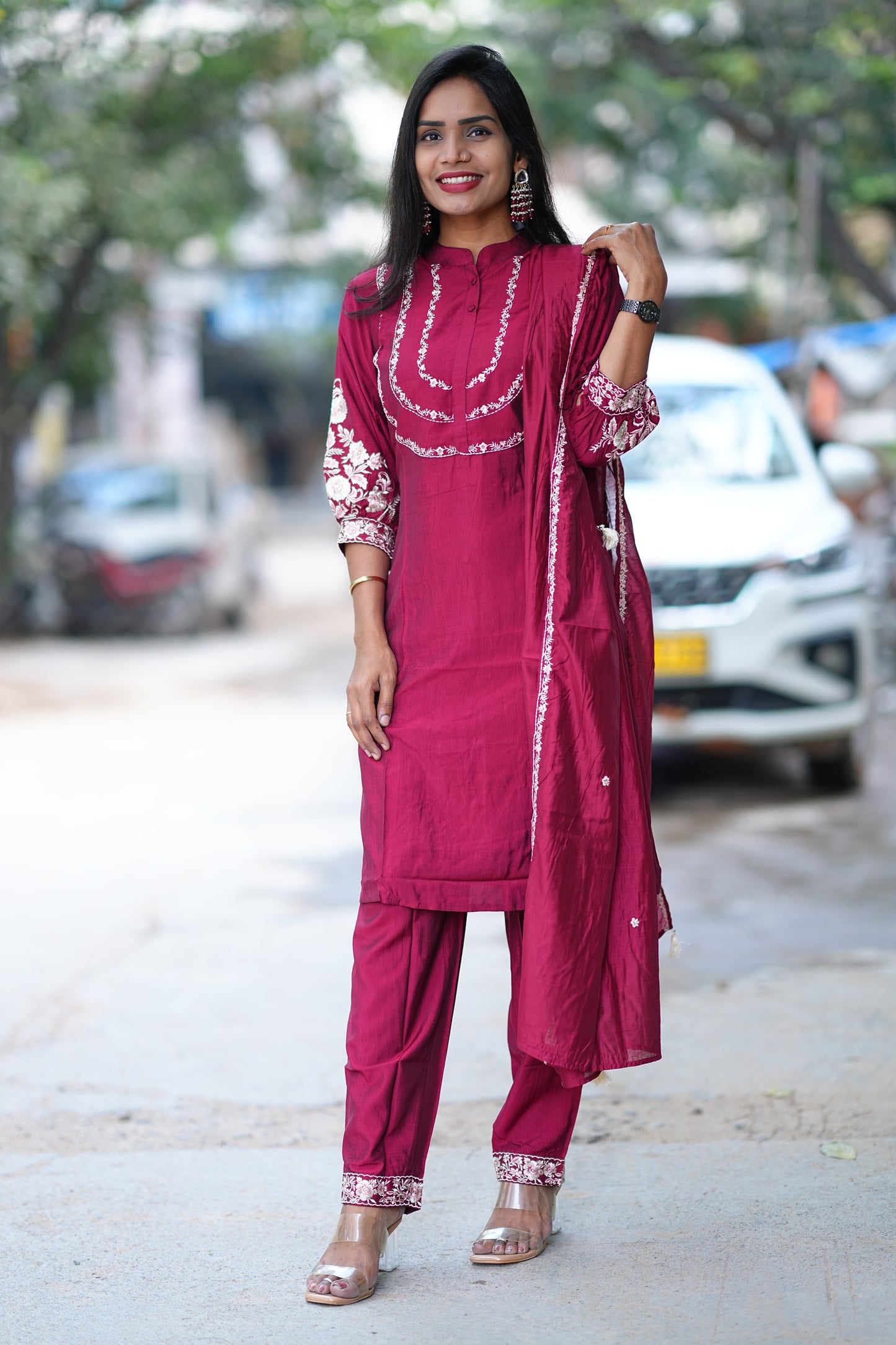 Maroon Color Designer Wear Viscose Fabric 3 Piece Set
