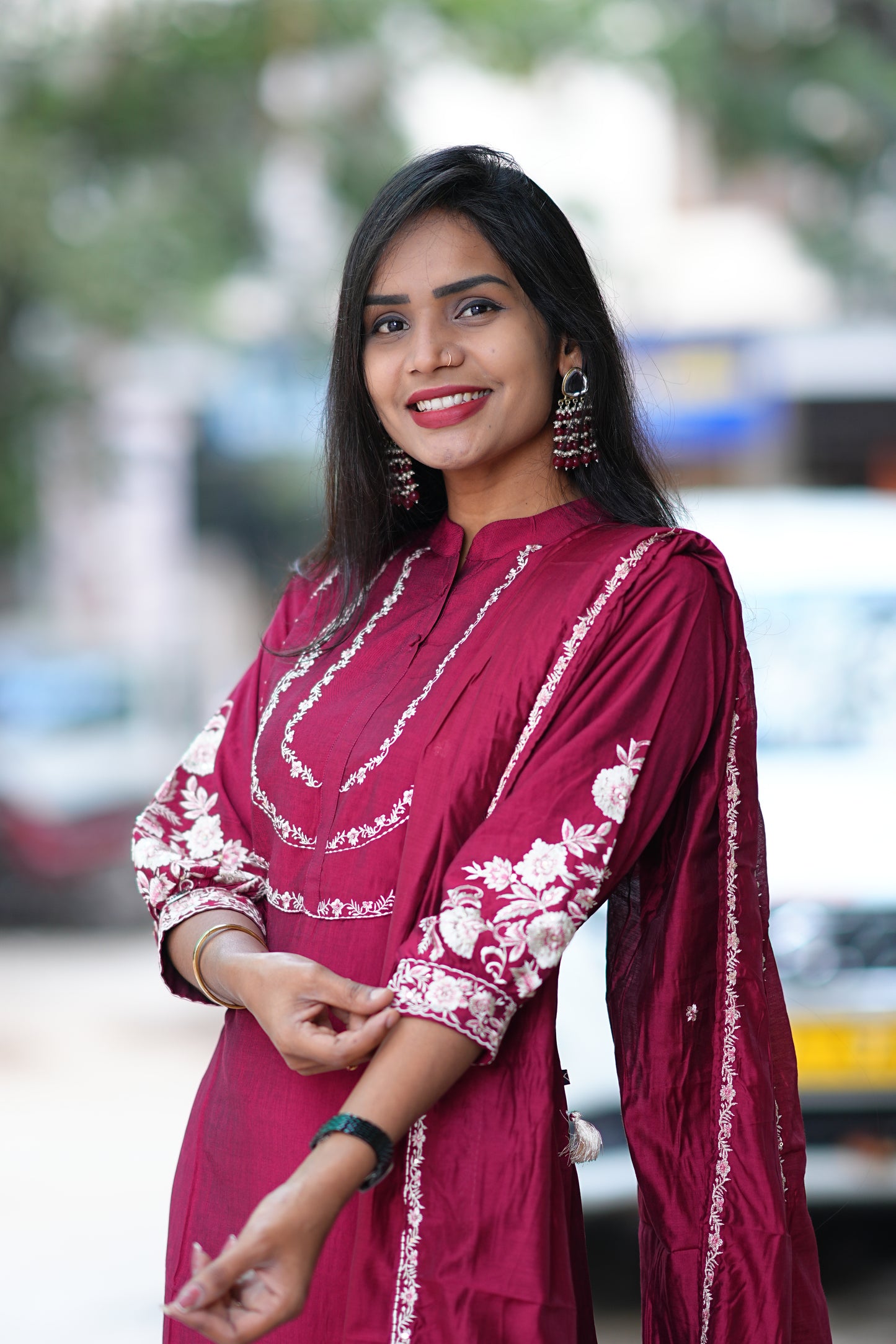 Maroon Color Designer Wear Viscose Fabric 3 Piece Set