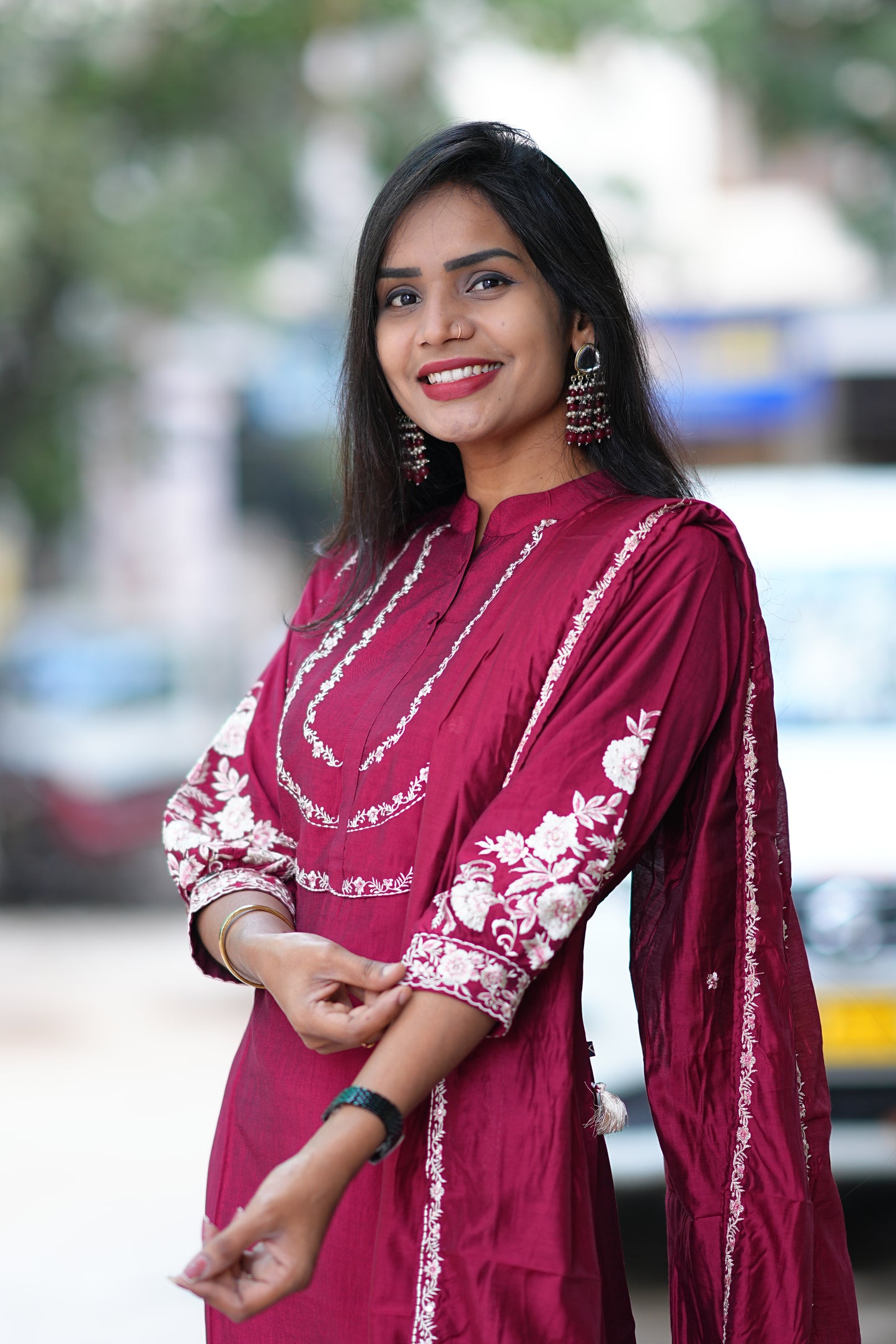 Maroon Color Designer Wear Viscose Fabric 3 Piece Set