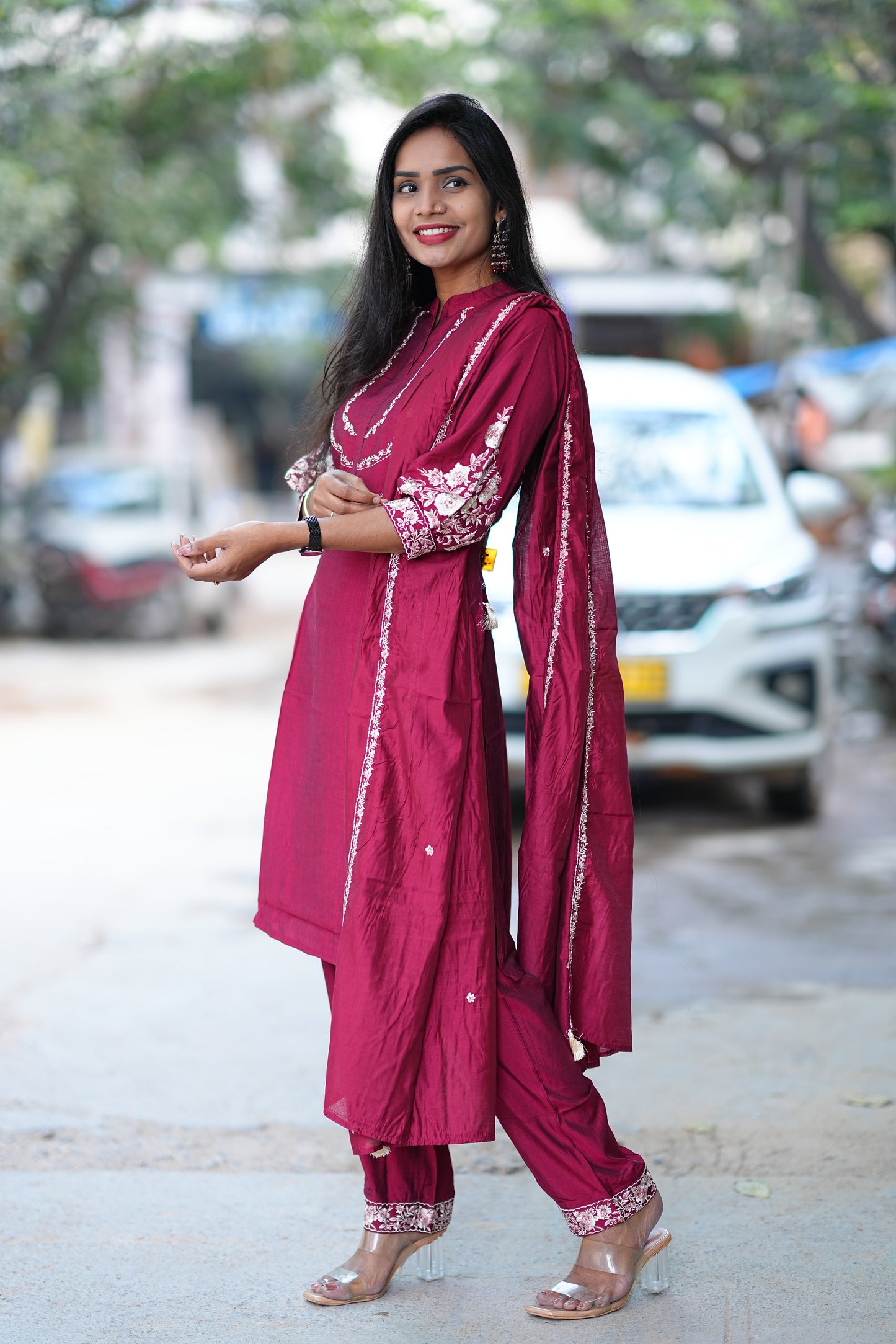 Maroon Color Designer Wear Viscose Fabric 3 Piece Set