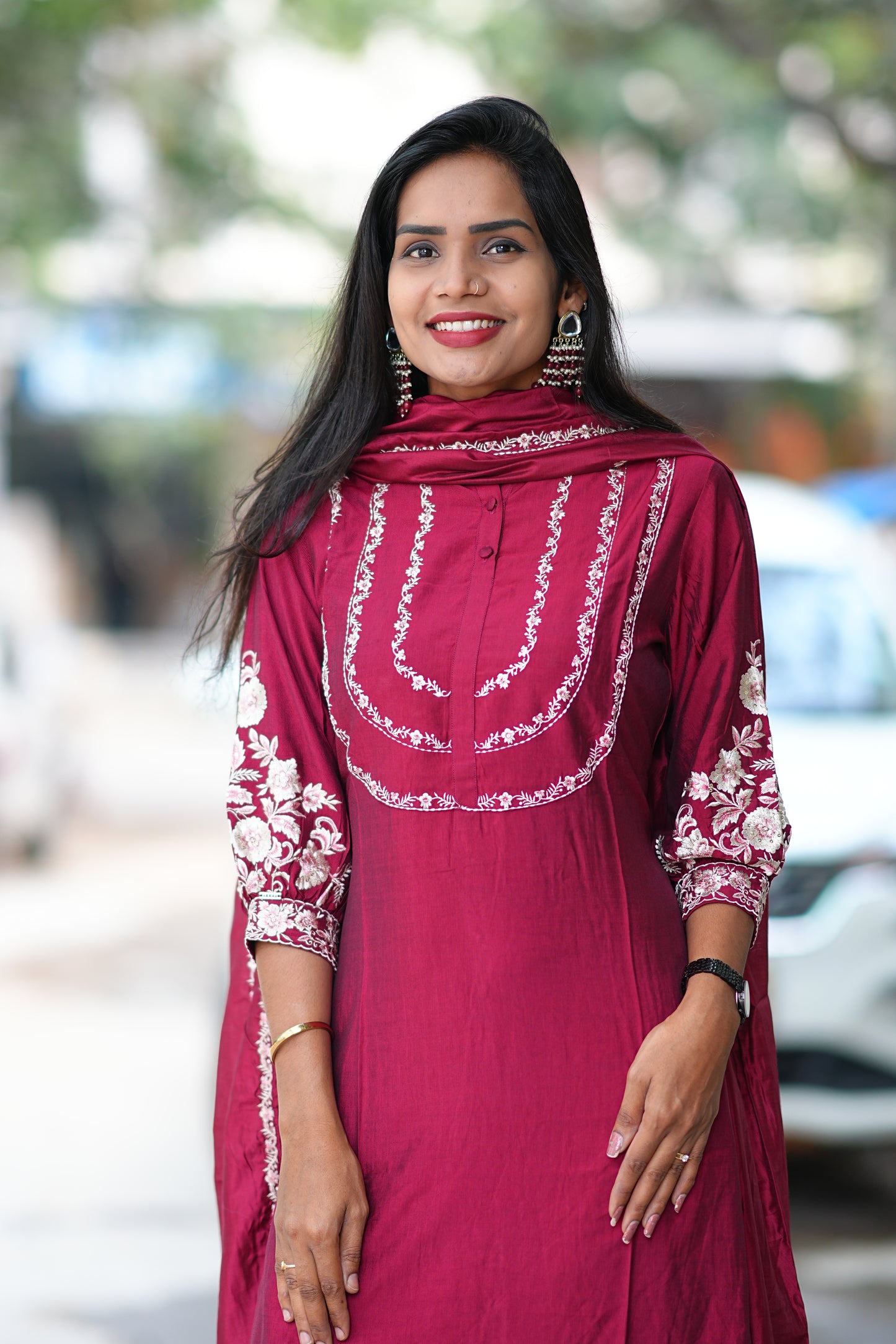 Maroon Color Designer Wear Viscose Fabric 3 Piece Set