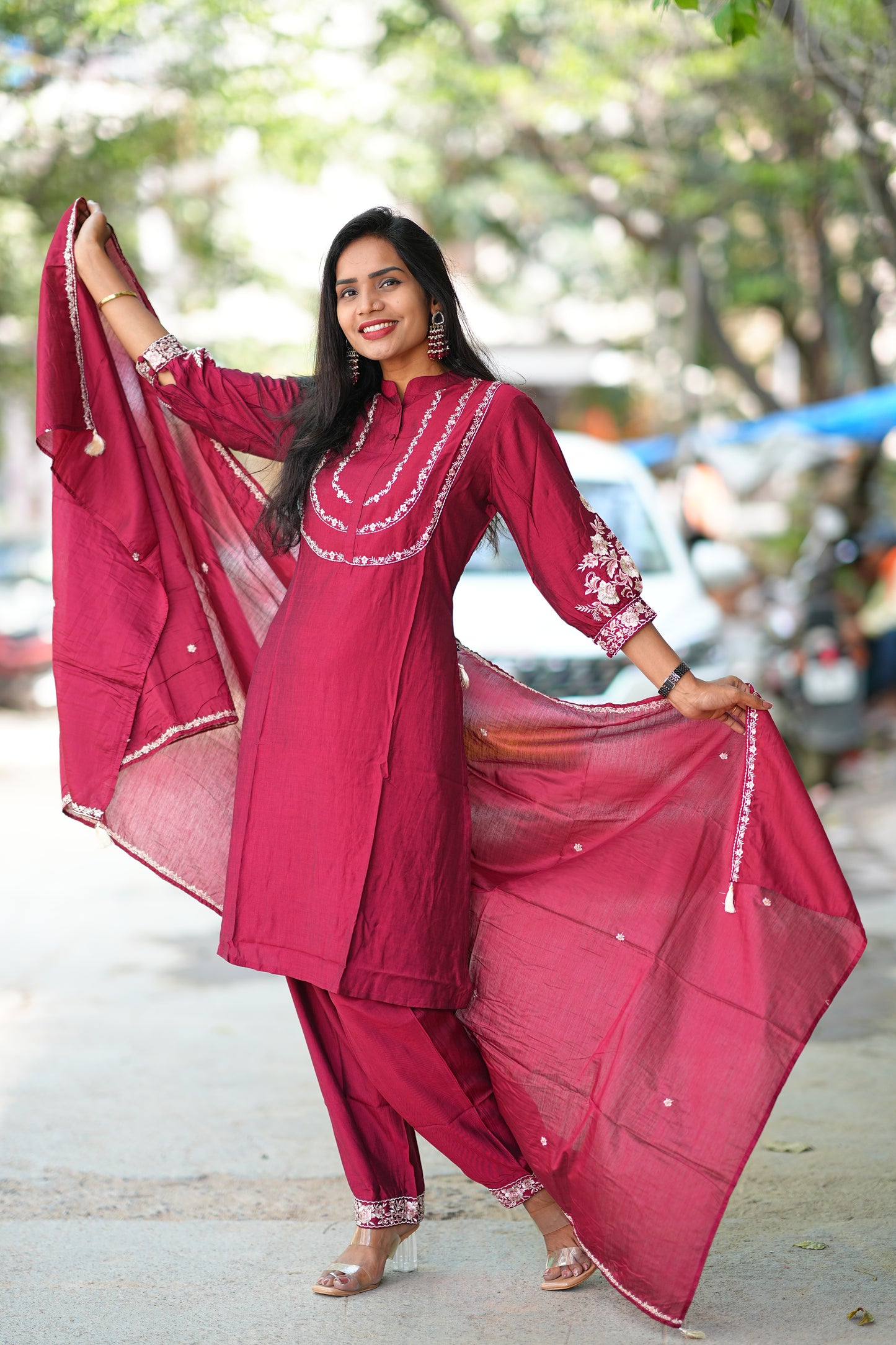 Maroon Color Designer Wear Viscose Fabric 3 Piece Set