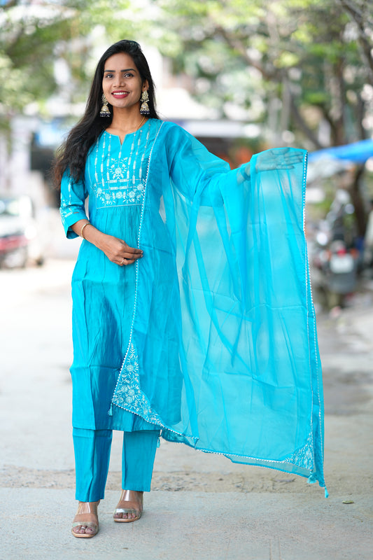 Teal Green Viscose Festive Wear 3 Piece Set
