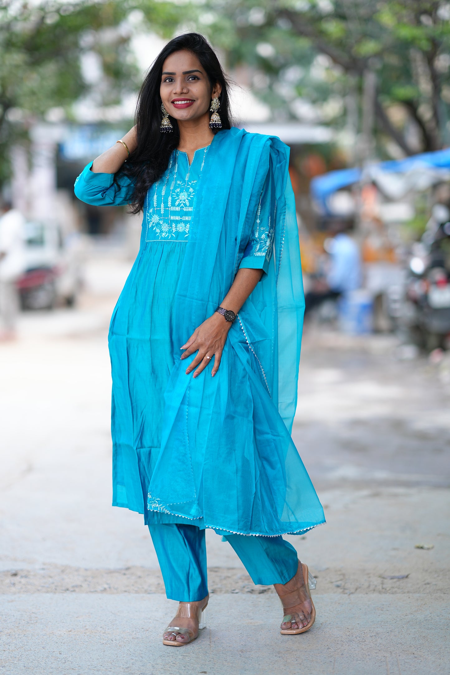 Teal Green Viscose Festive Wear 3 Piece Set