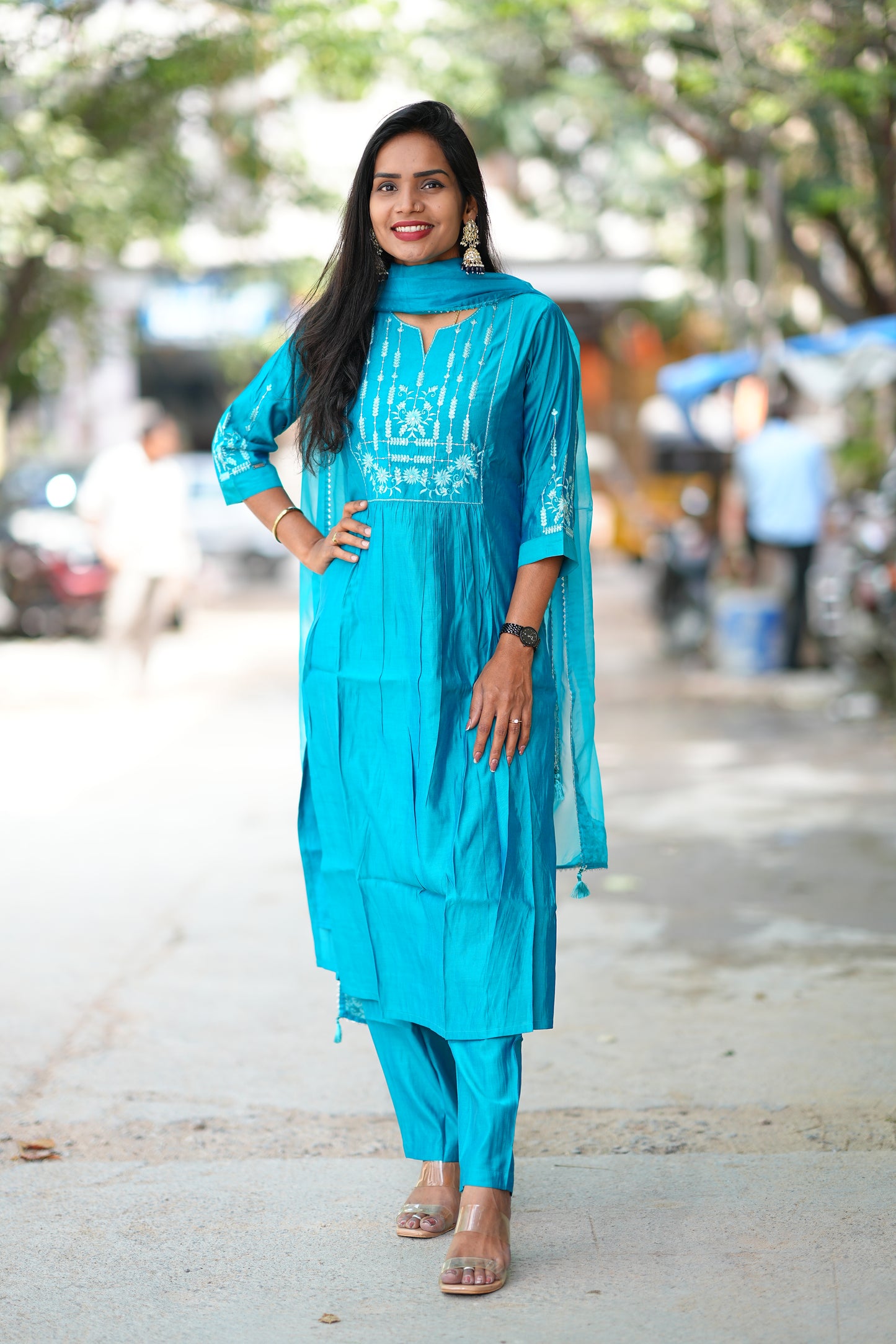 Teal Green Viscose Festive Wear 3 Piece Set
