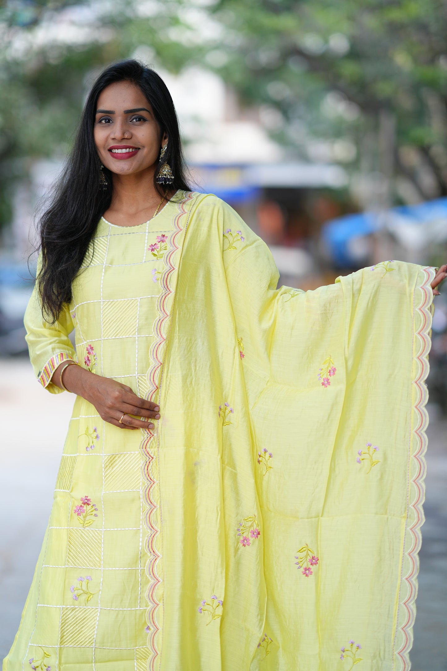 Yellow Color Designer Wear 3 Piece Set in Viscose Fabric