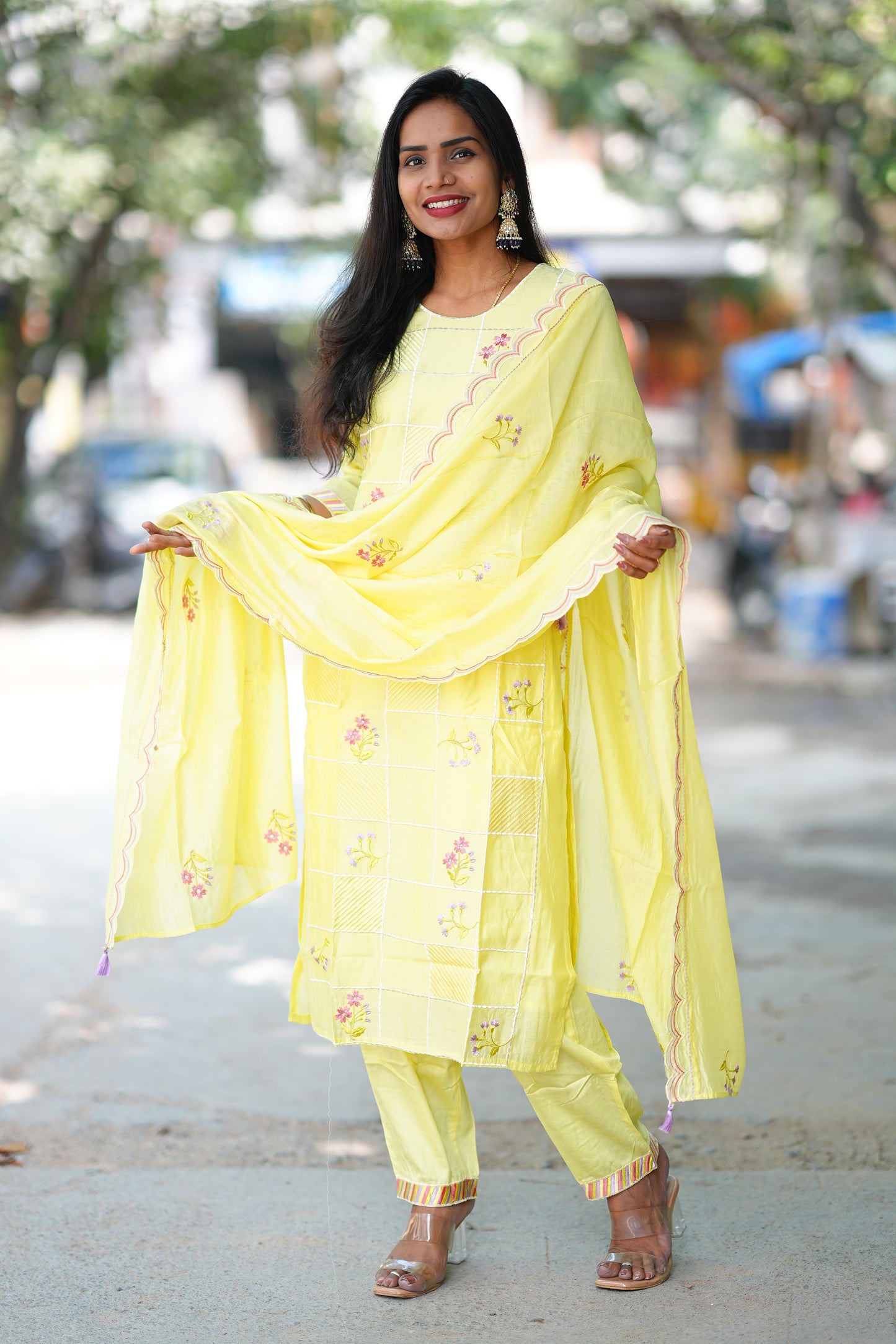 Yellow Color Designer Wear 3 Piece Set in Viscose Fabric