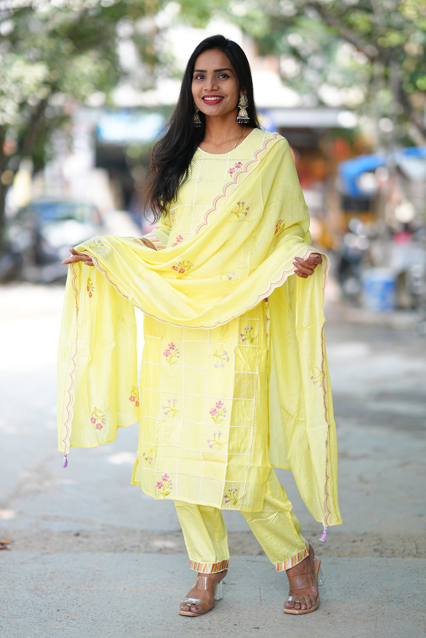 Yellow Color Designer Wear 3 Piece Set in Viscose Fabric