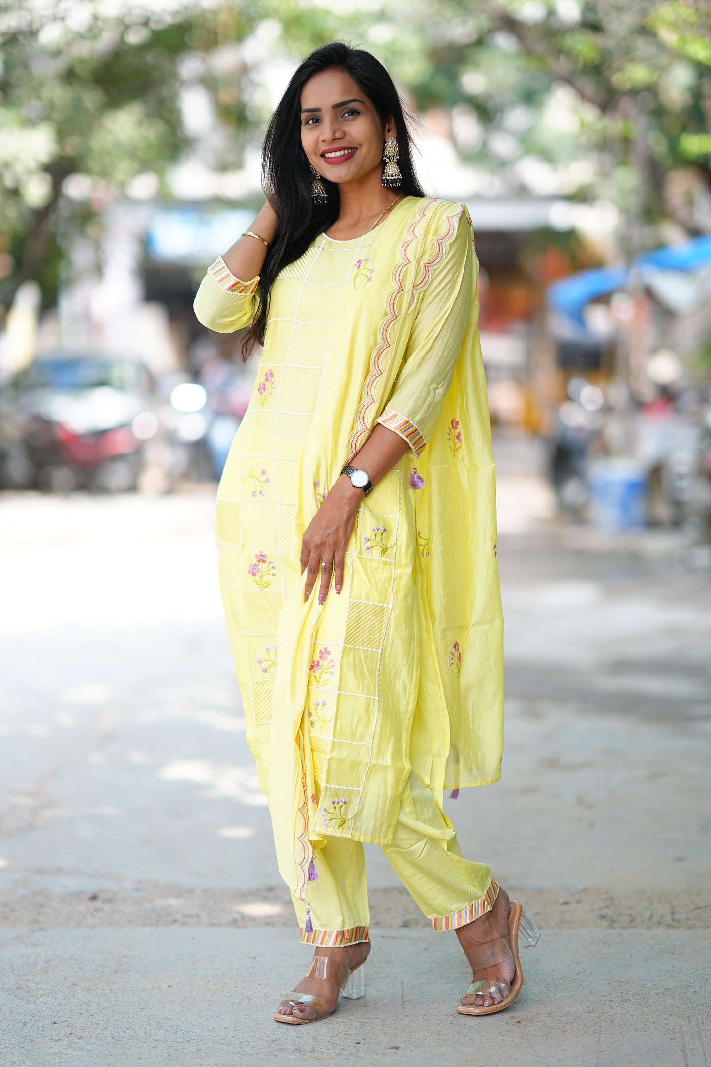 Yellow Color Designer Wear 3 Piece Set in Viscose Fabric