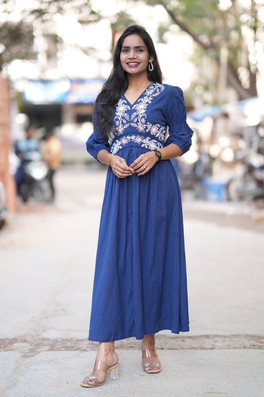 Blue Color Jaipuri Cotton Premium Frock With Embroidery Work