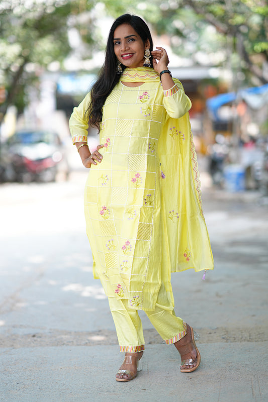 Yellow Color Designer Wear 3 Piece Set in Viscose Fabric