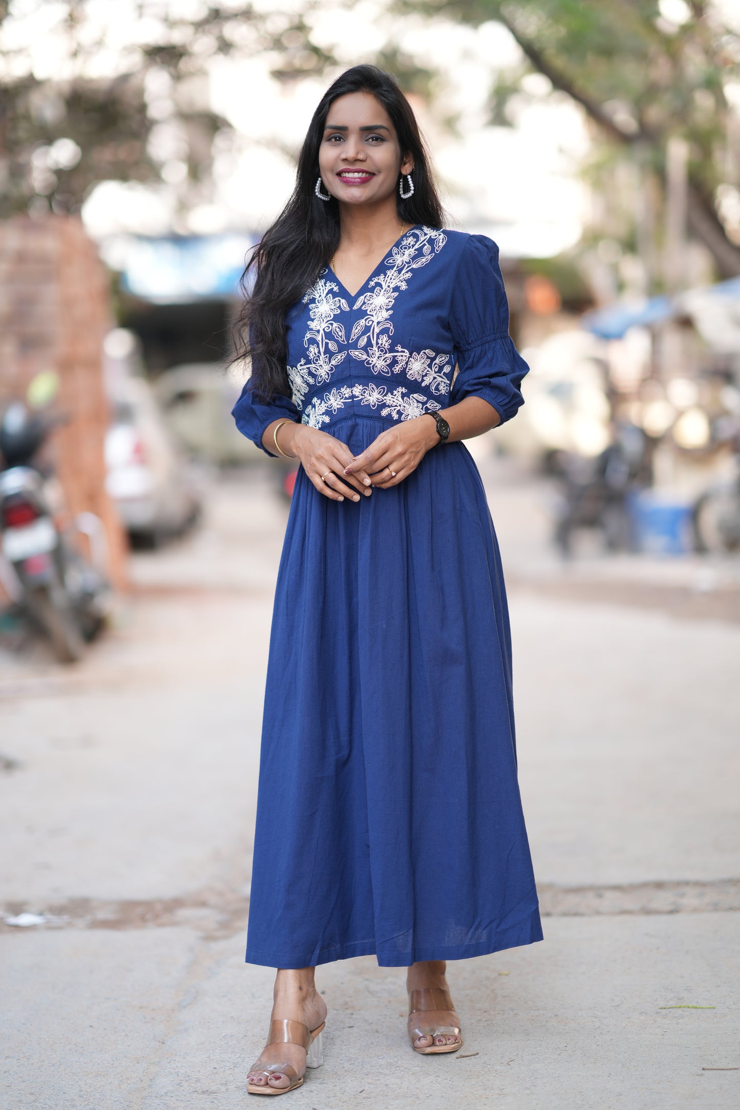 Blue Color Jaipur Cotton Frock With Embroidery Work