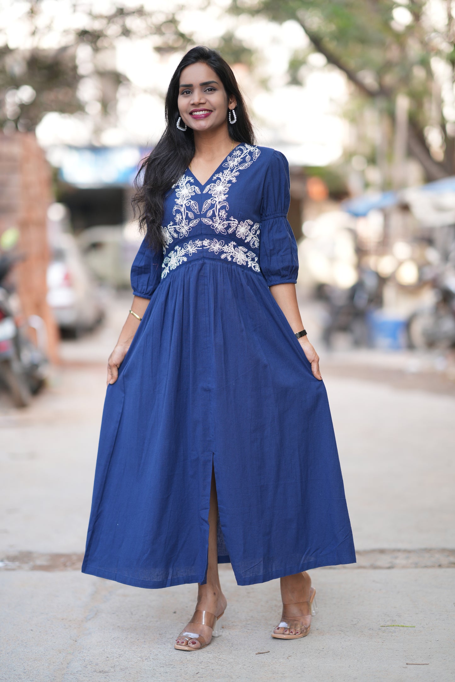 Blue Color Jaipuri Cotton Premium Frock With Embroidery Work