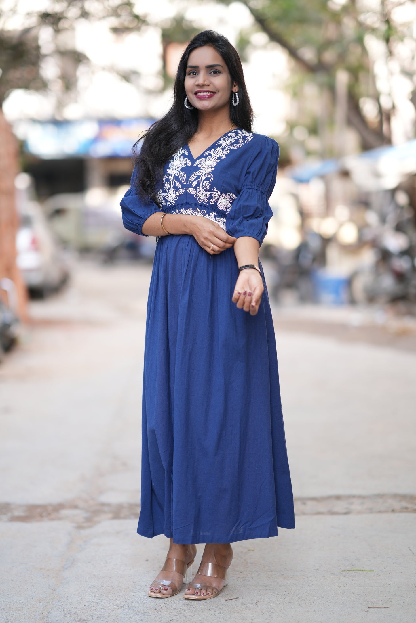 Blue Color Jaipuri Cotton Premium Frock With Embroidery Work