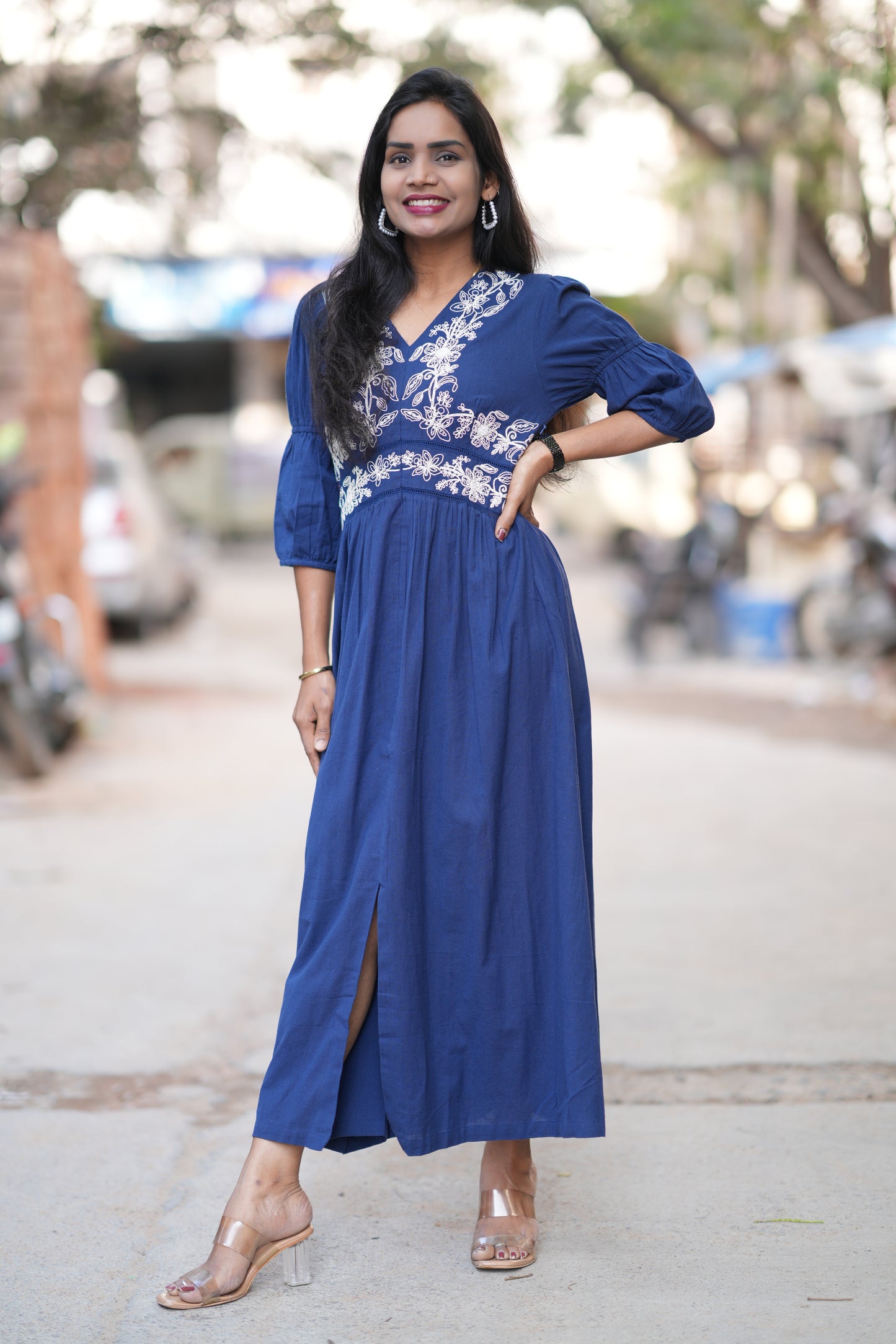 Blue Color Jaipur Cotton Frock With Embroidery Work