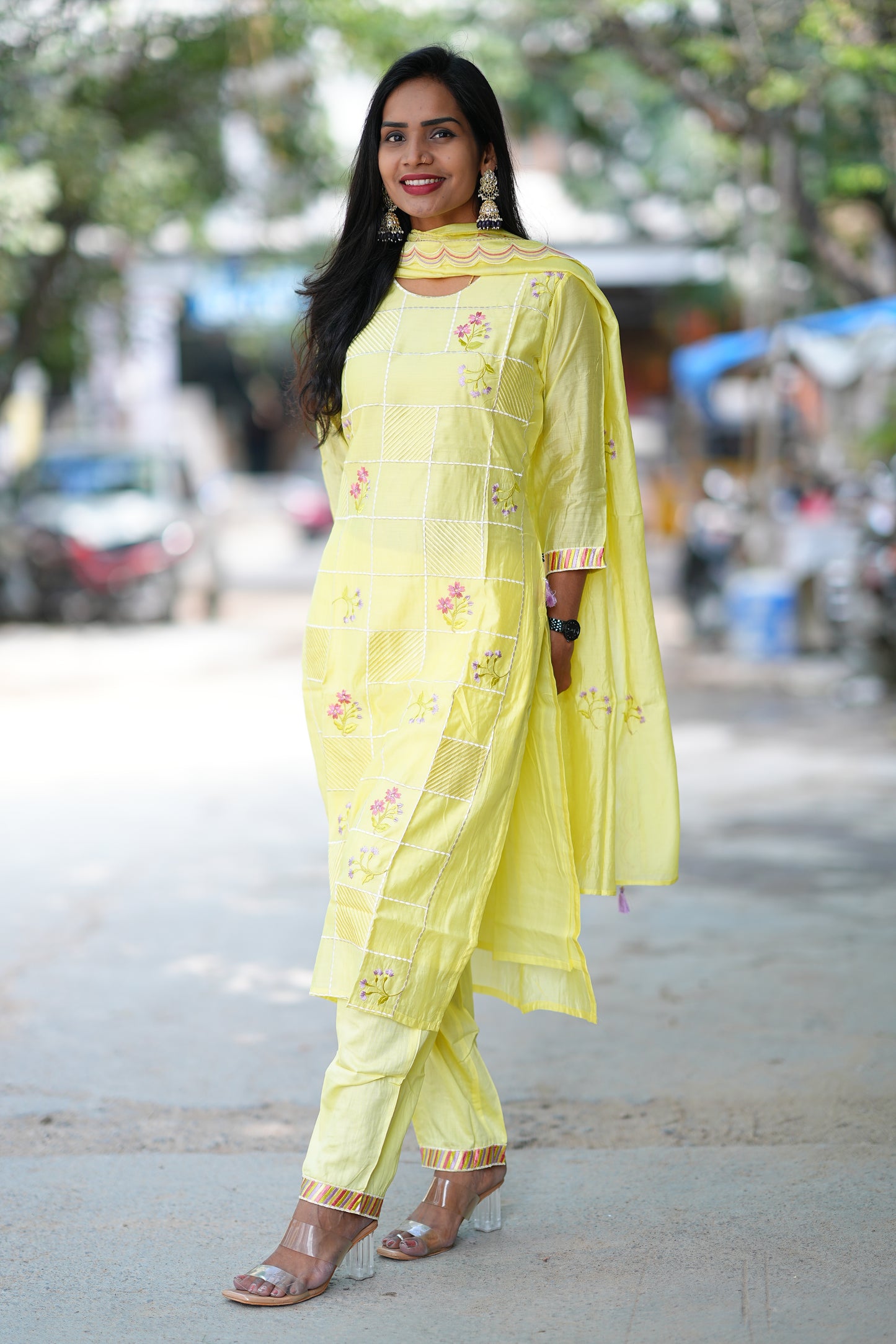 Yellow Color Designer Wear 3 Piece Set in Viscose Fabric