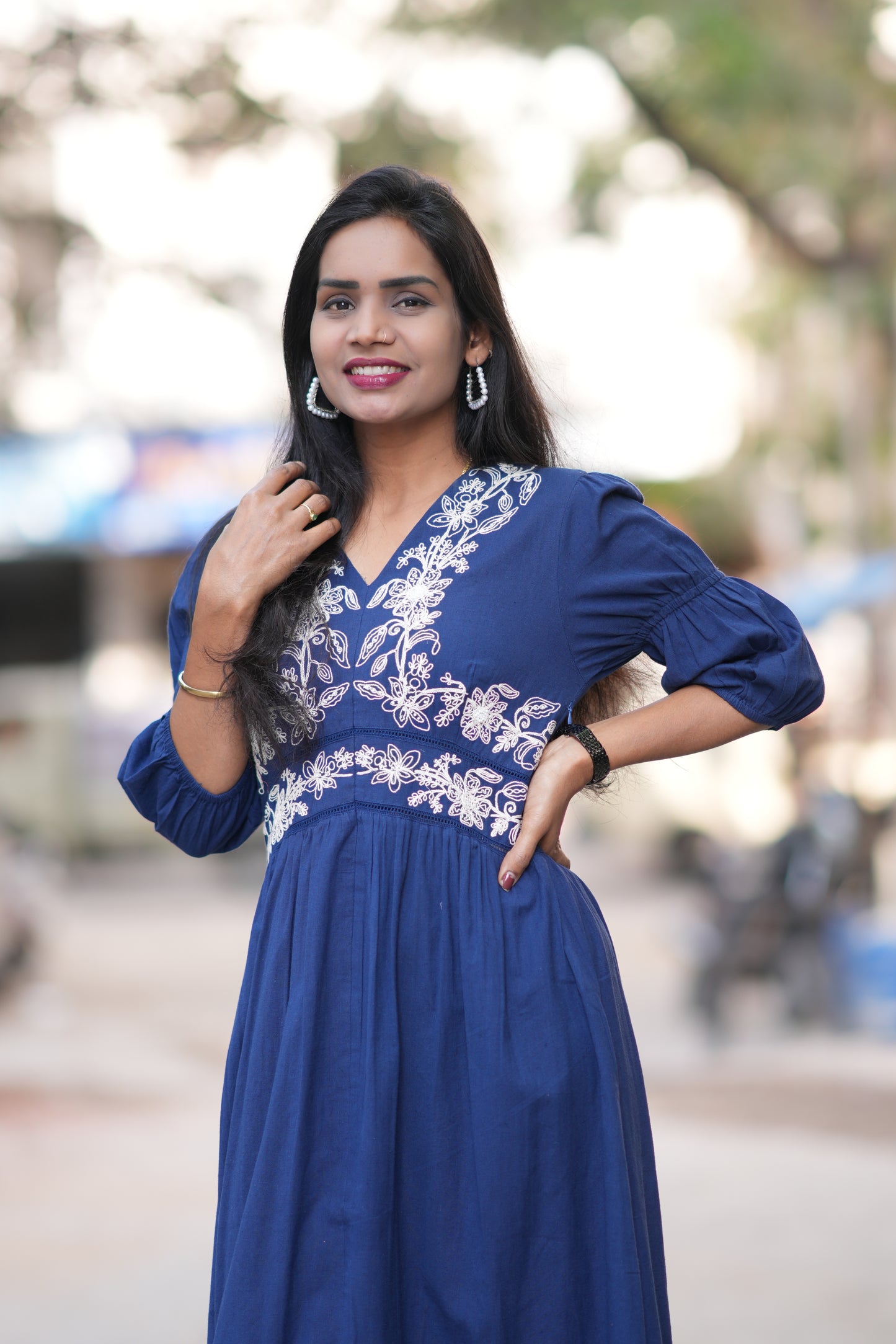 Blue Color Jaipuri Cotton Premium Frock With Embroidery Work