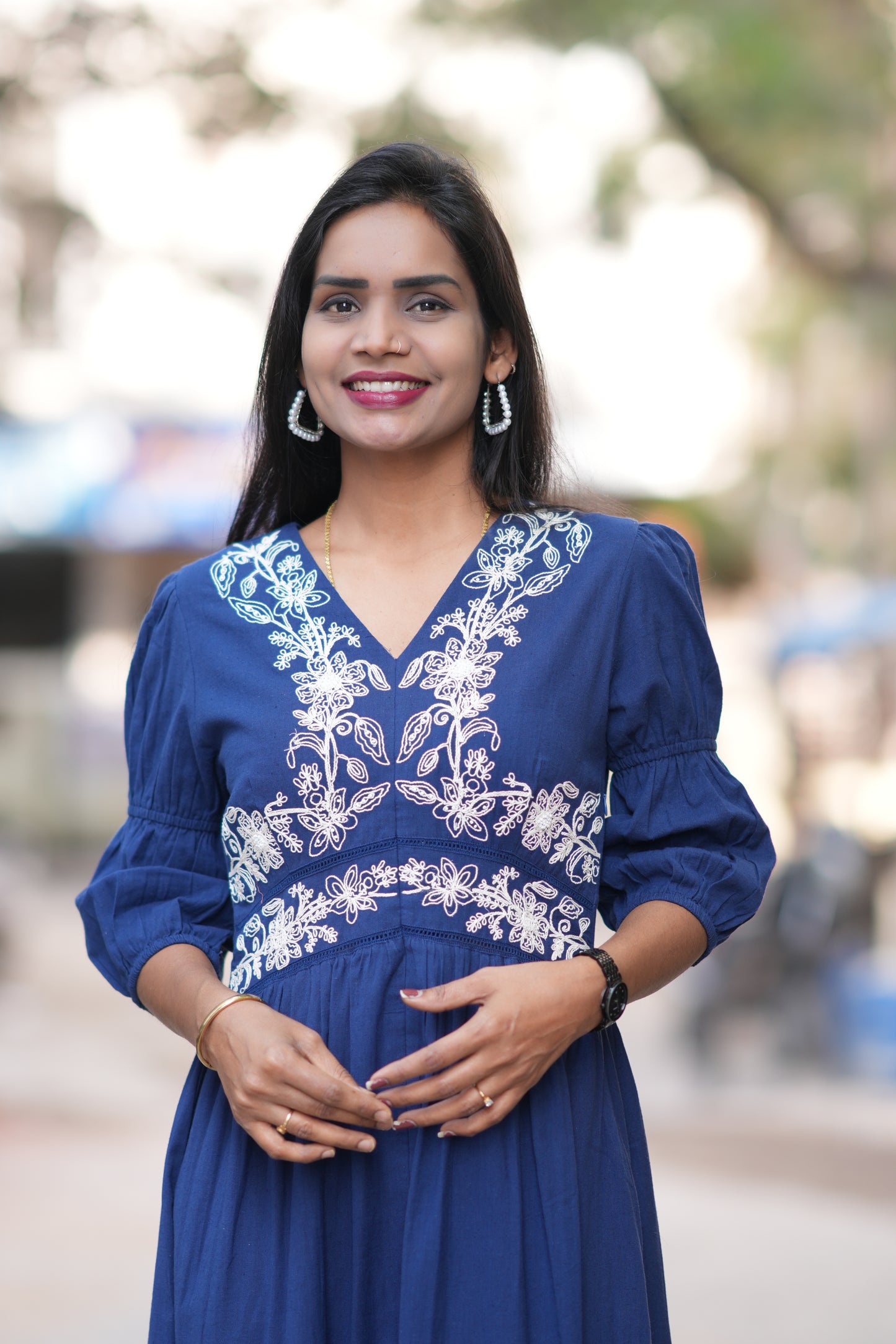 Blue Color Jaipuri Cotton Premium Frock With Embroidery Work