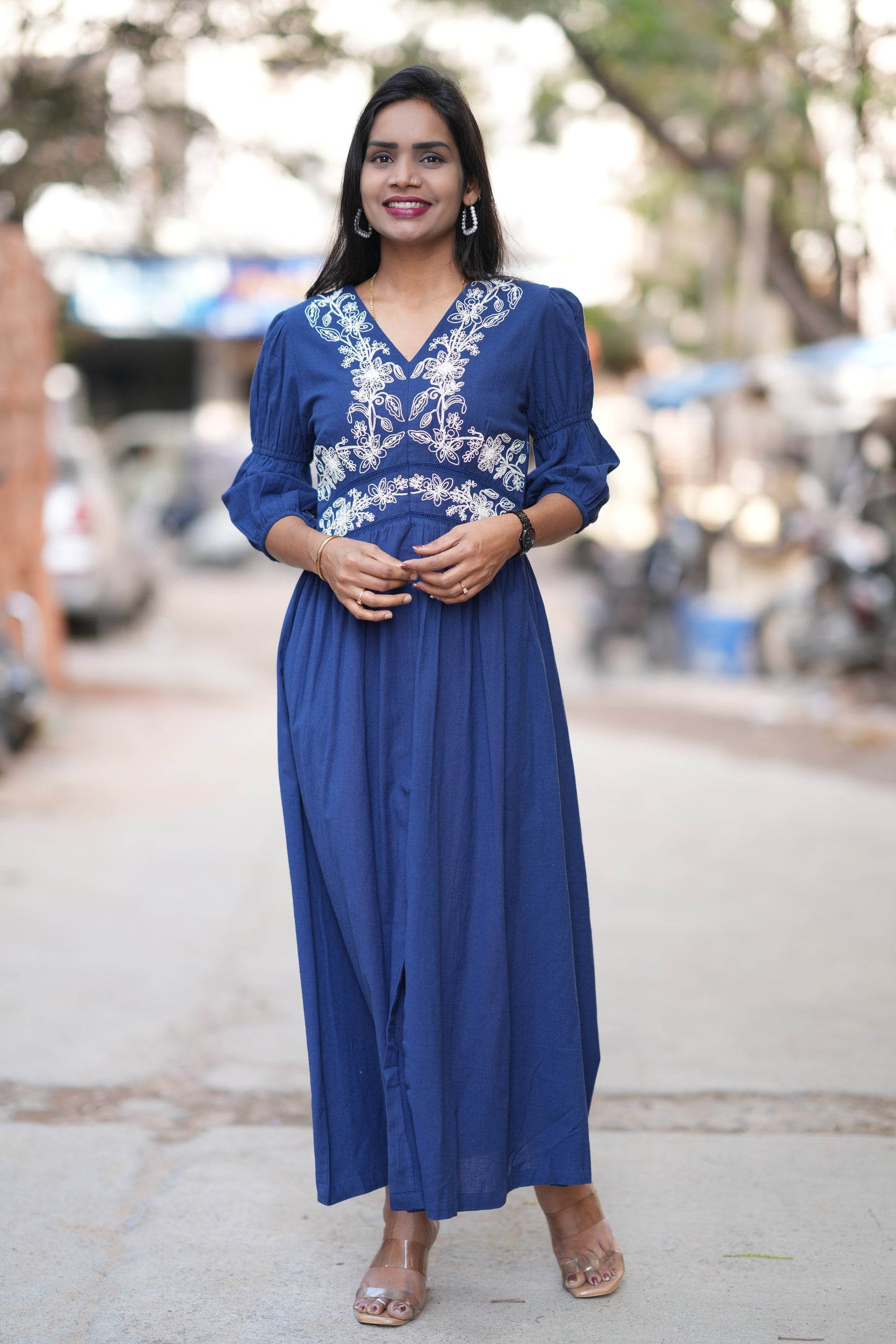 Blue Color Jaipuri Cotton Premium Frock With Embroidery Work