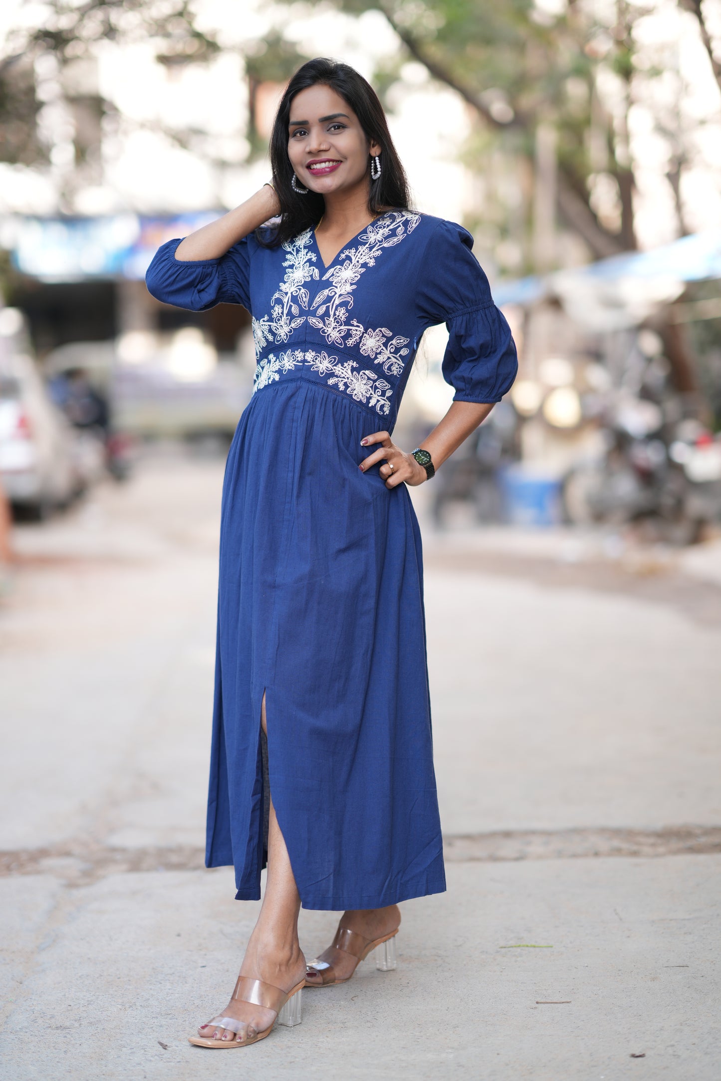 Blue Color Jaipuri Cotton Premium Frock With Embroidery Work